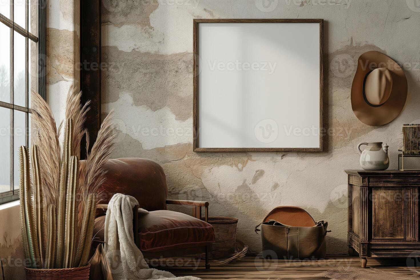 A mockup of a blank square photo frame hanging in the middle of wall with Western, cowboy, rustic decoration.