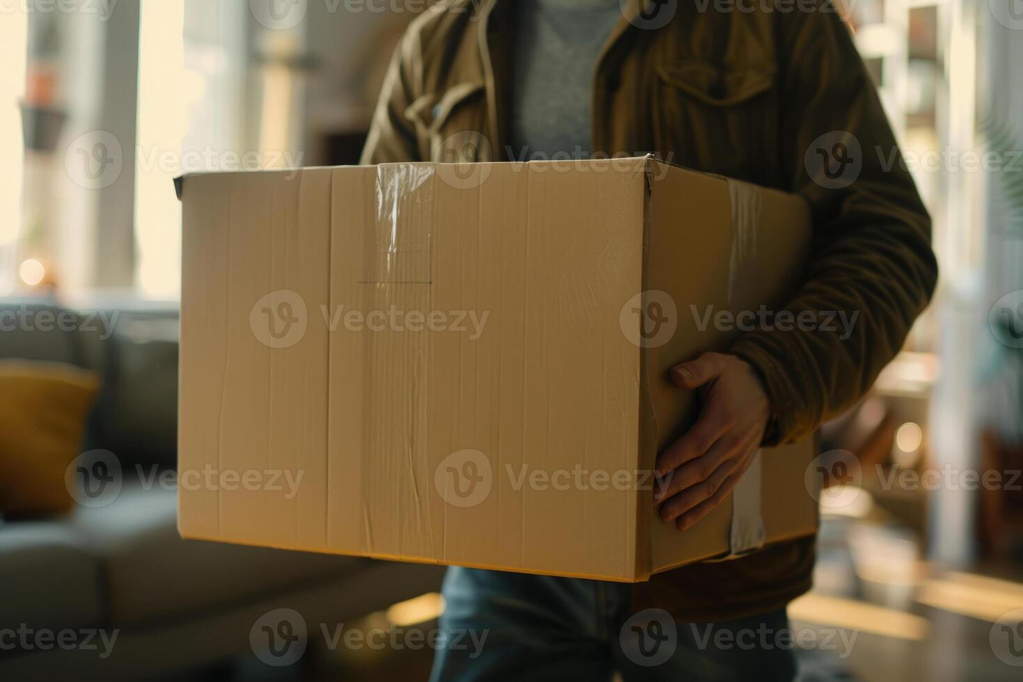 AI generated Person Unpacking Cardboard Boxes in New Apartment, Moving Concept photo