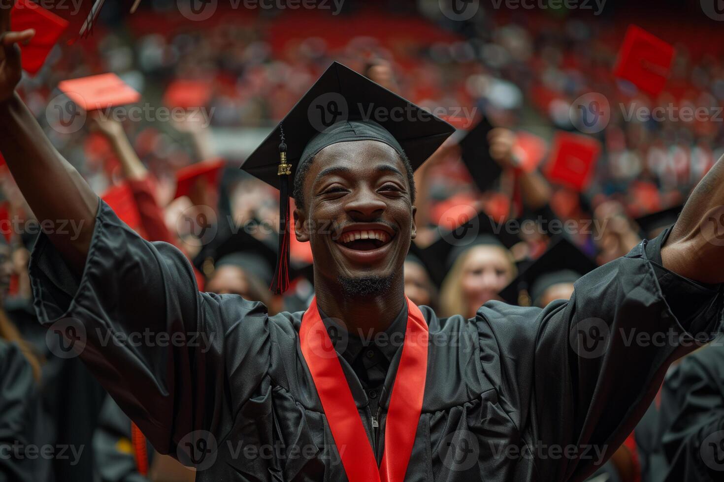 ai generado masculino negro graduado celebra graduación día a Universidad foto