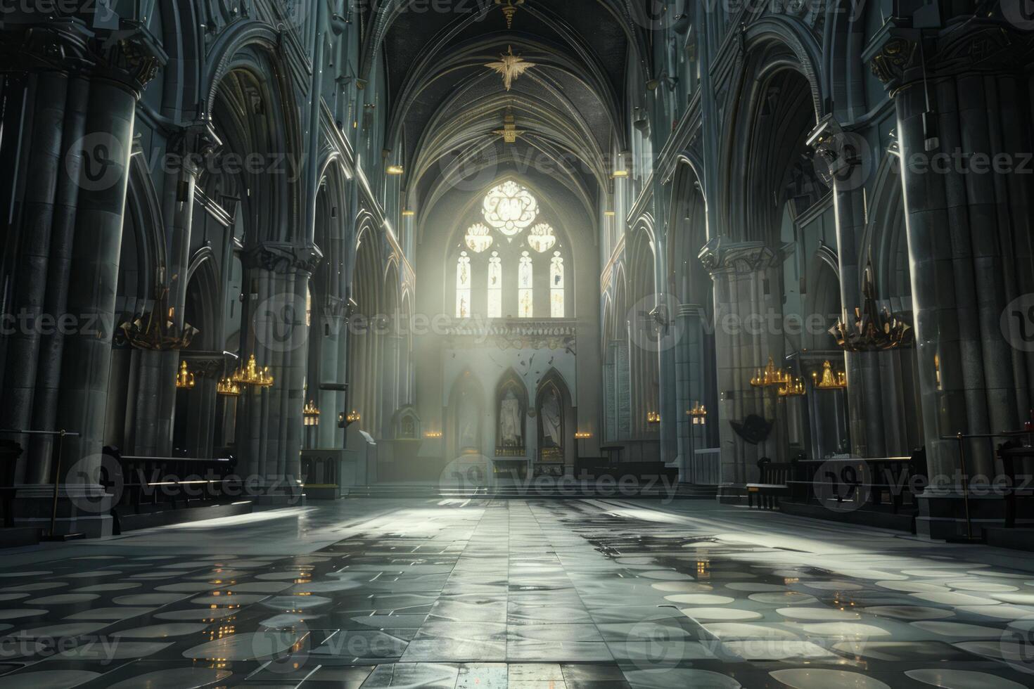 AI generated Empty Medieval Hall with Sunlight Filtering Through Stained Glass photo