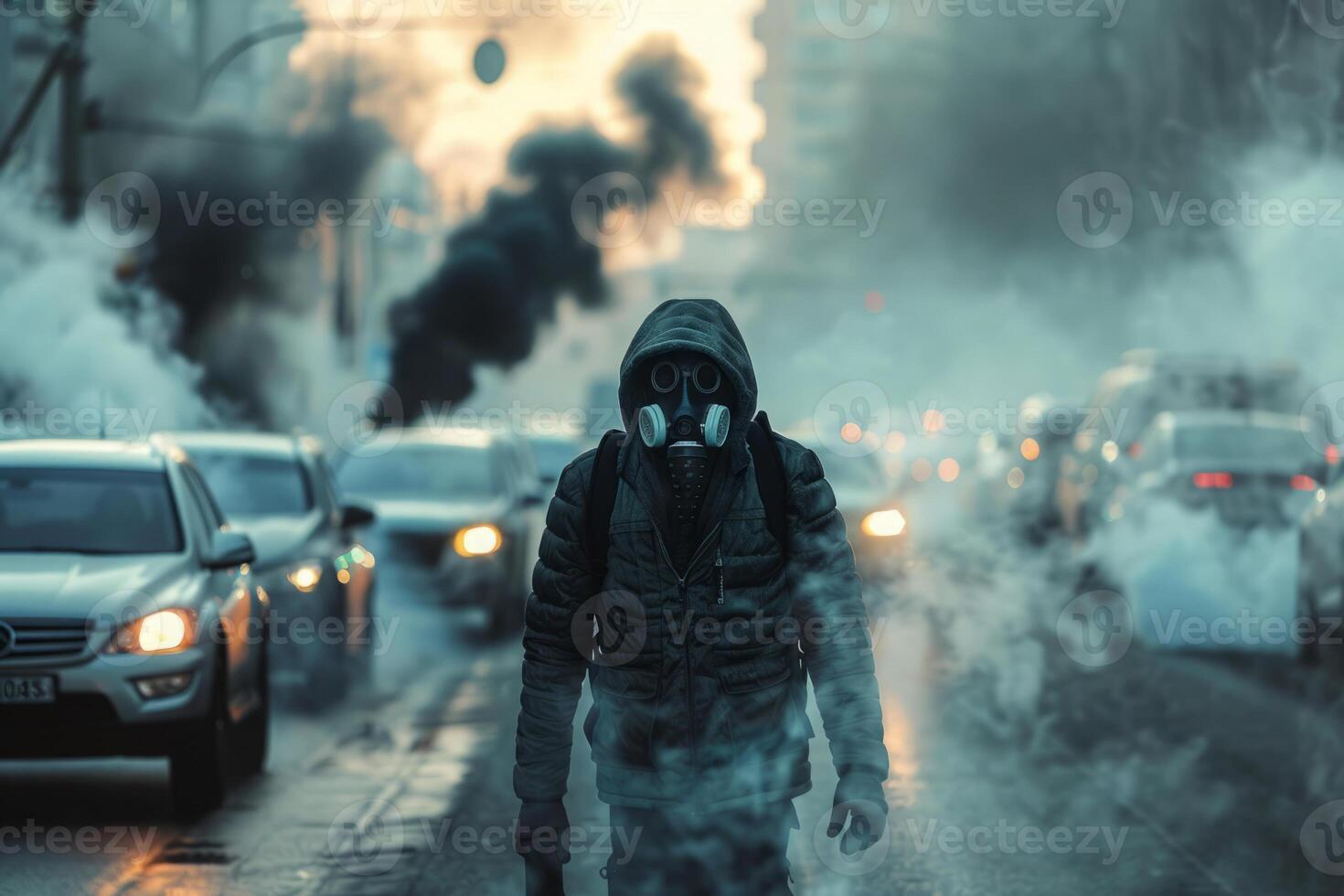 AI generated Man in gas mask walks down on street with toxic smoke photo