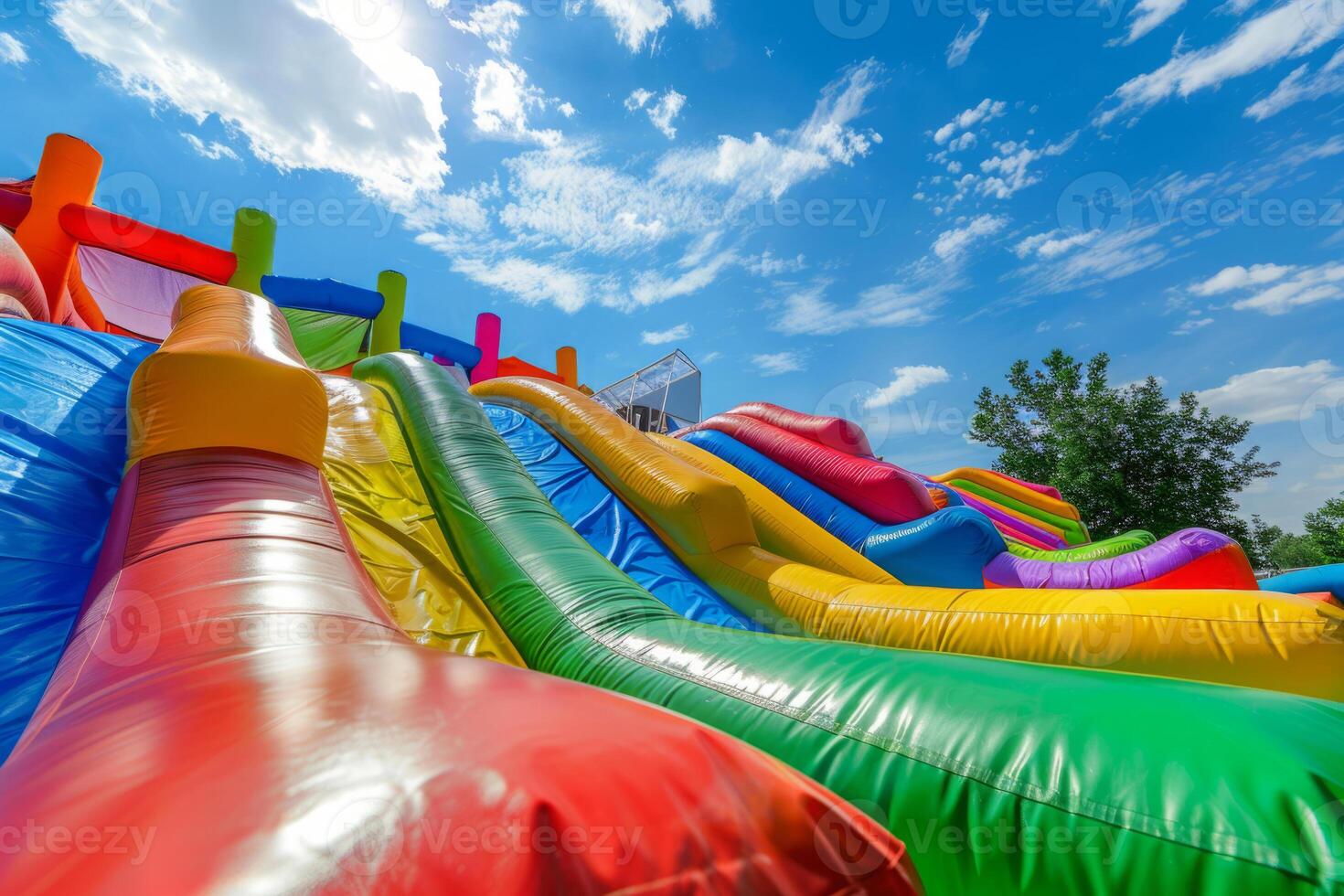 AI generated Colorful bounce slide for children entertainment in backyard photo