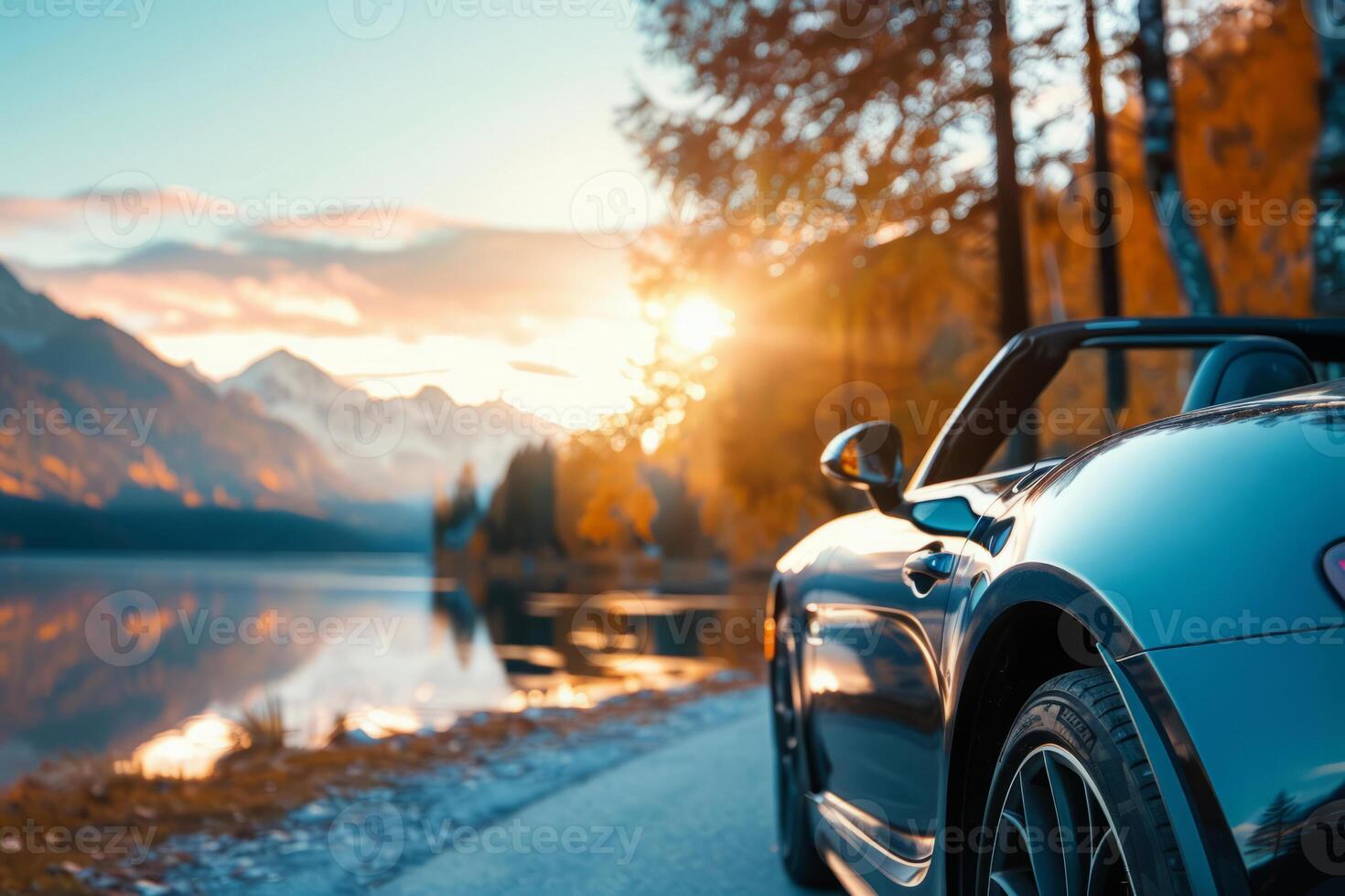 AI generated Modern Car Driving on Scenic Road With Mountains Ranges photo