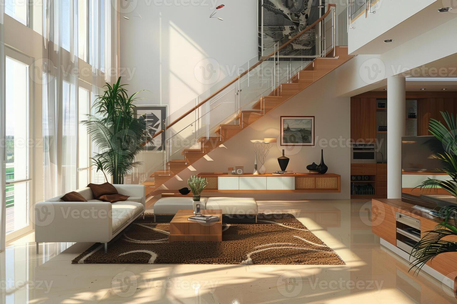 AI generated Modern Living Room With Wooden Staircase Large Windows During Daytime photo