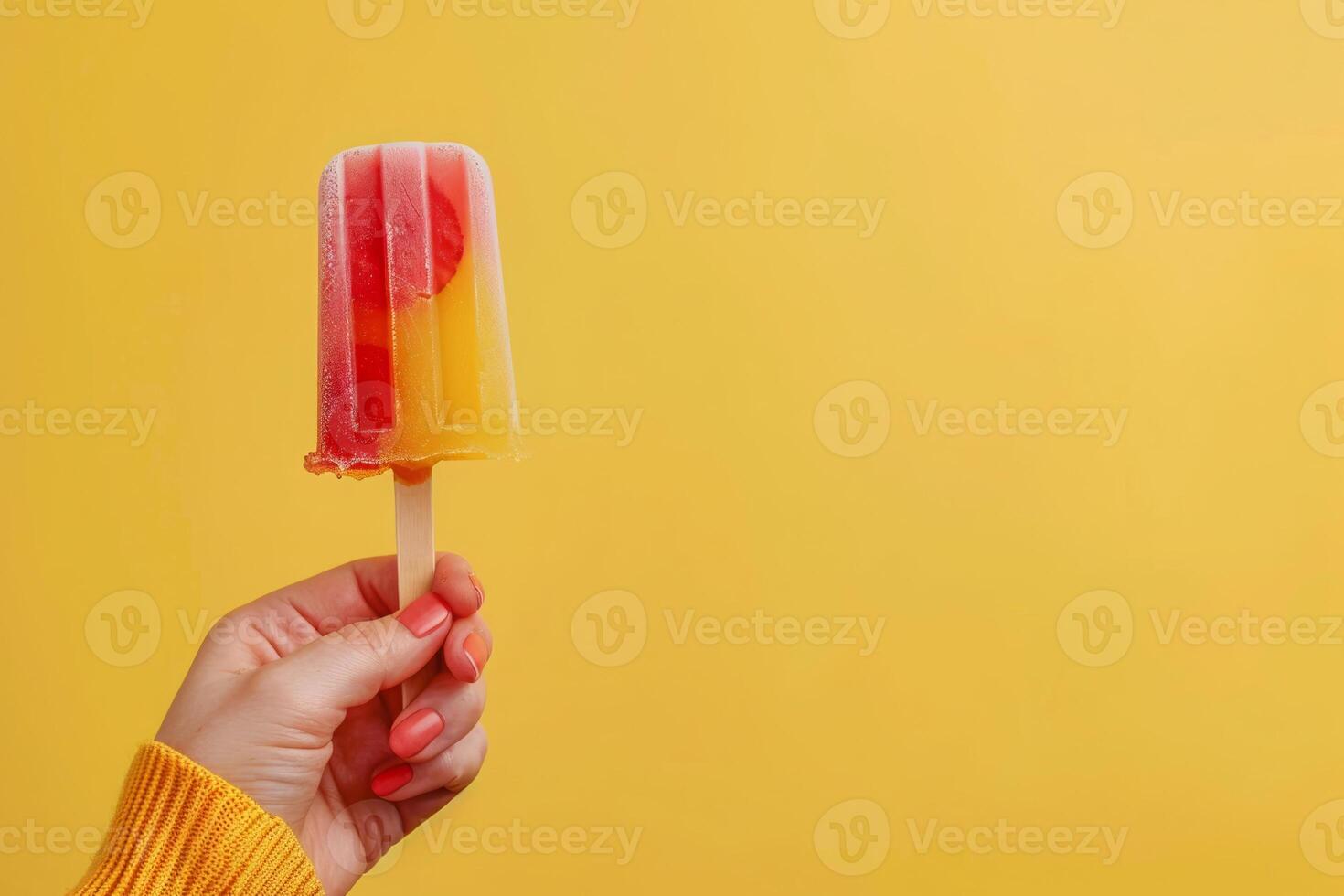 ai generado hembra mano sostiene vibrante Fruta hielo popular en contra amarillo fondo foto