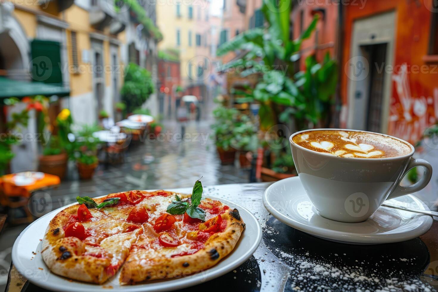 ai generado taza de café y rebanada de Pizza en al aire libre café en calle en antiguo pueblo foto