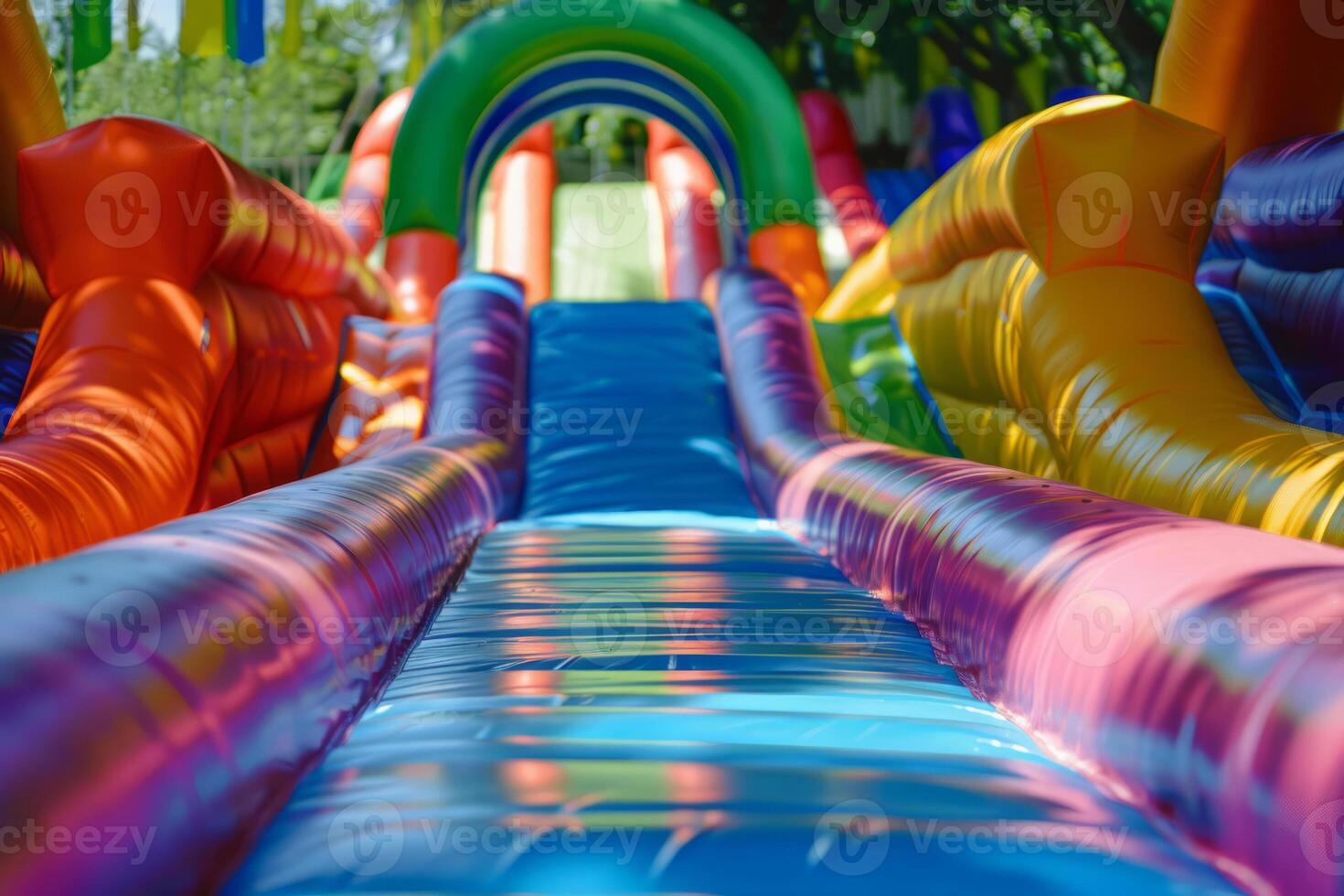 AI generated Colorful bounce slide for children entertainment in backyard photo