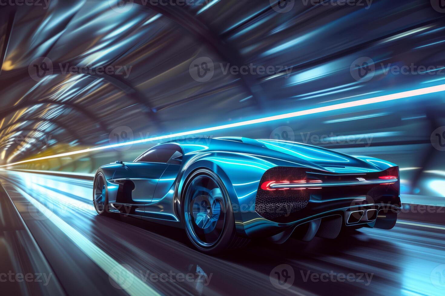 AI generated Blue sport car in motion in tunnel, back view photo