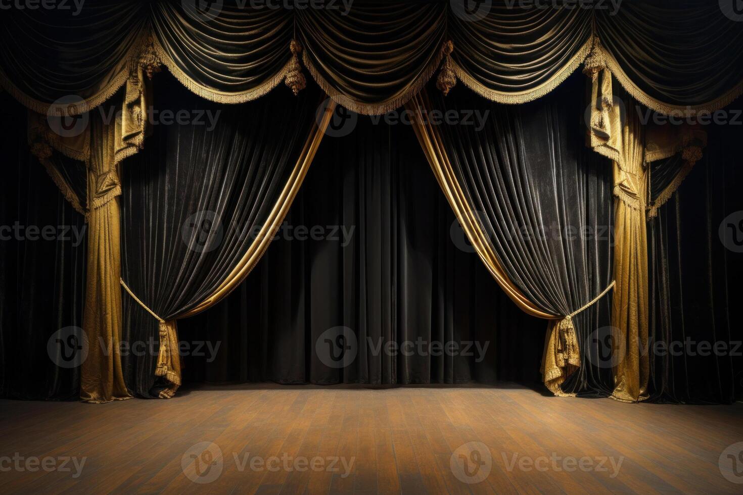 AI generated Empty theatre stage with yellow curtain photo