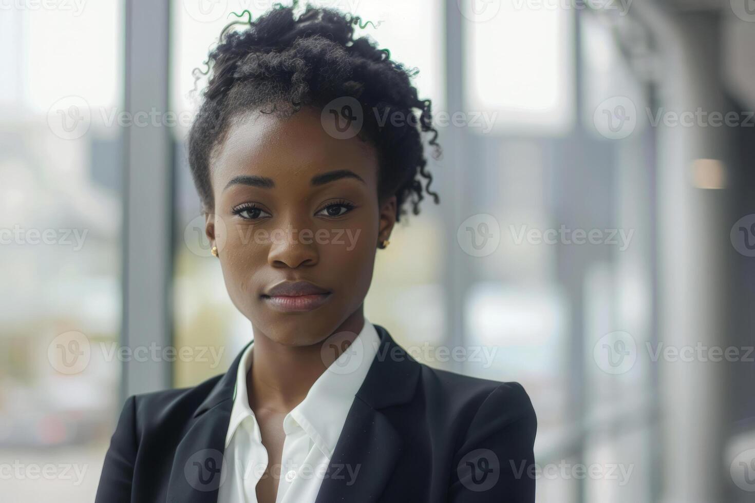 AI generated Confident businesswoman wearing business suit in office workspace photo