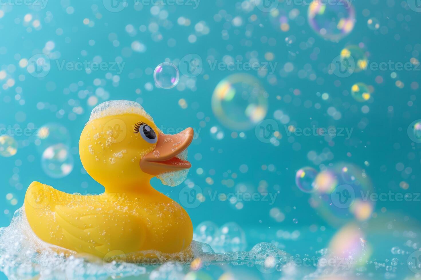 AI generated Yellow rubber ducky and soap bubbles on blue background photo