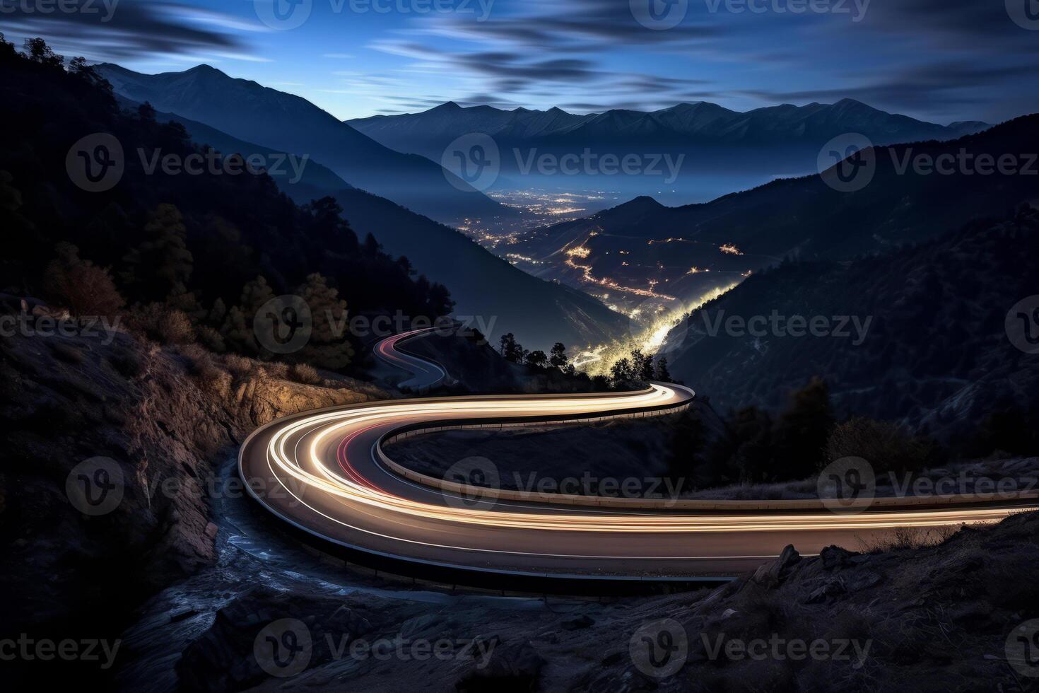 AI generated Curvy mountain road with trailing lights at night photo