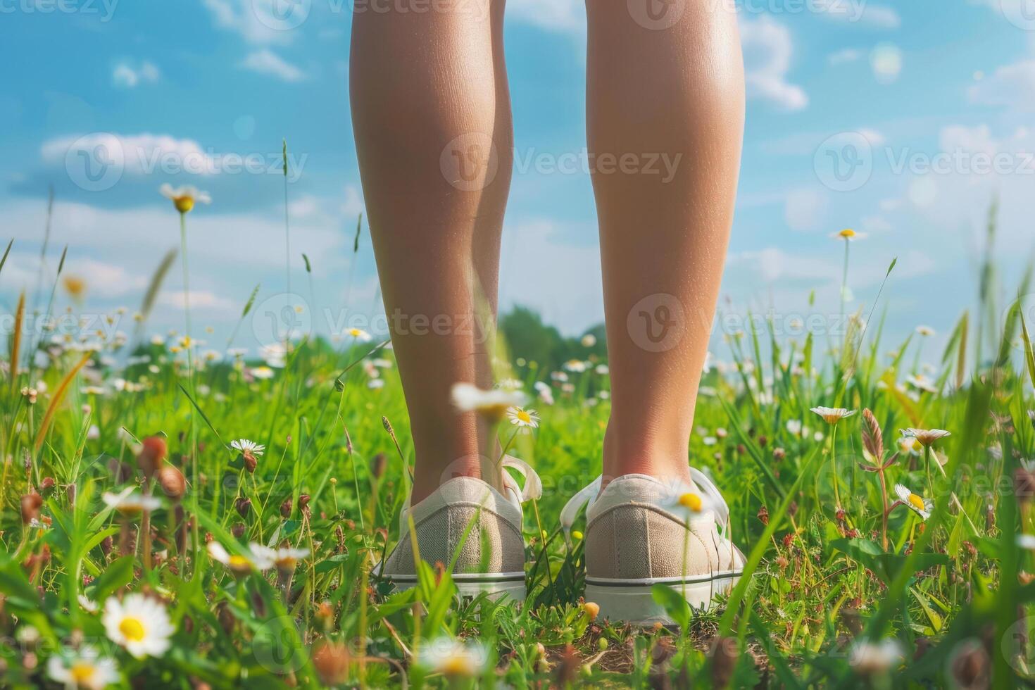 AI generated Relaxed Summer Day With Female Legs in Blooming Meadow photo