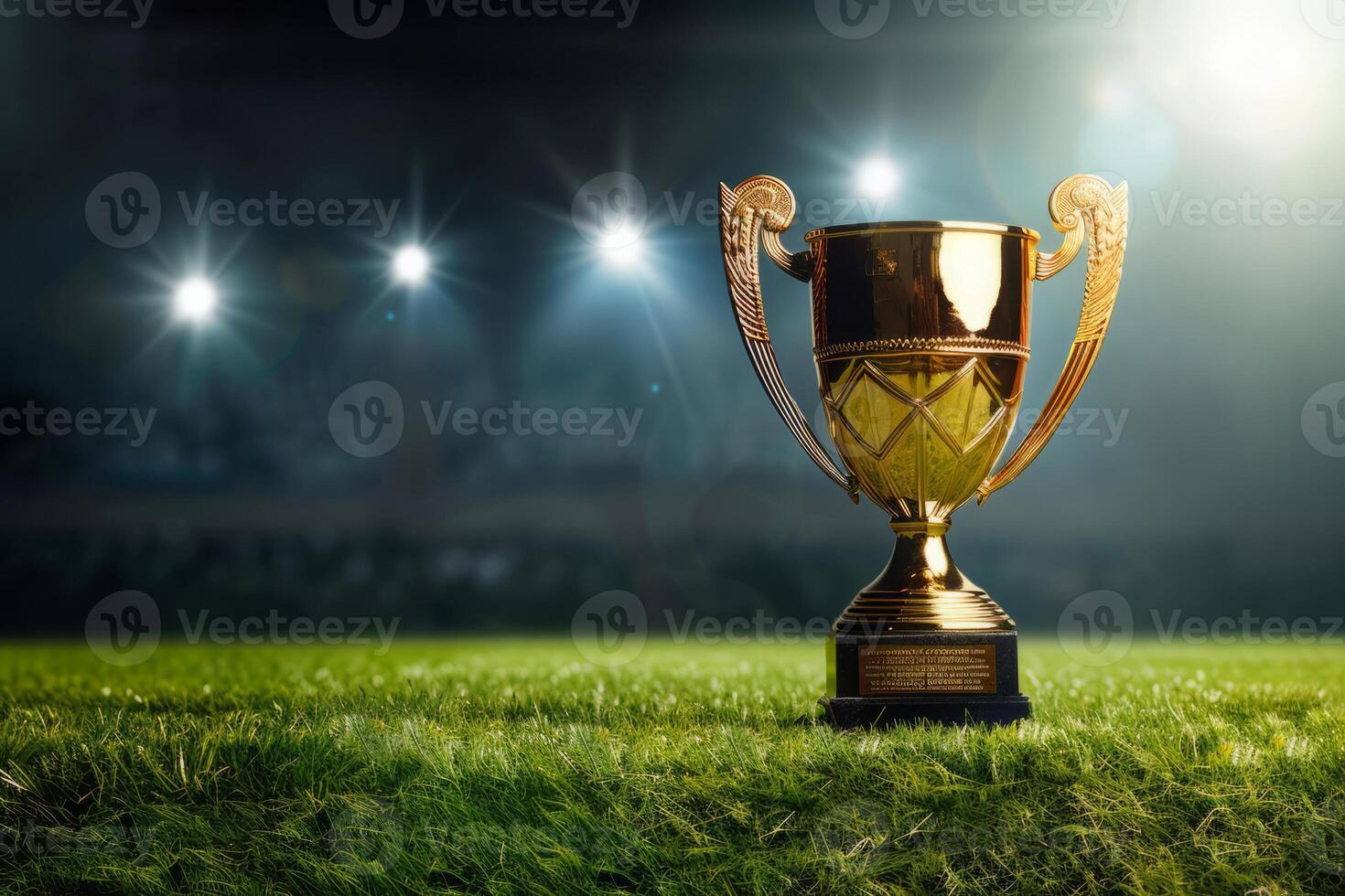 AI generated Golden Trophy Cup on Field Under Stadium Lights photo
