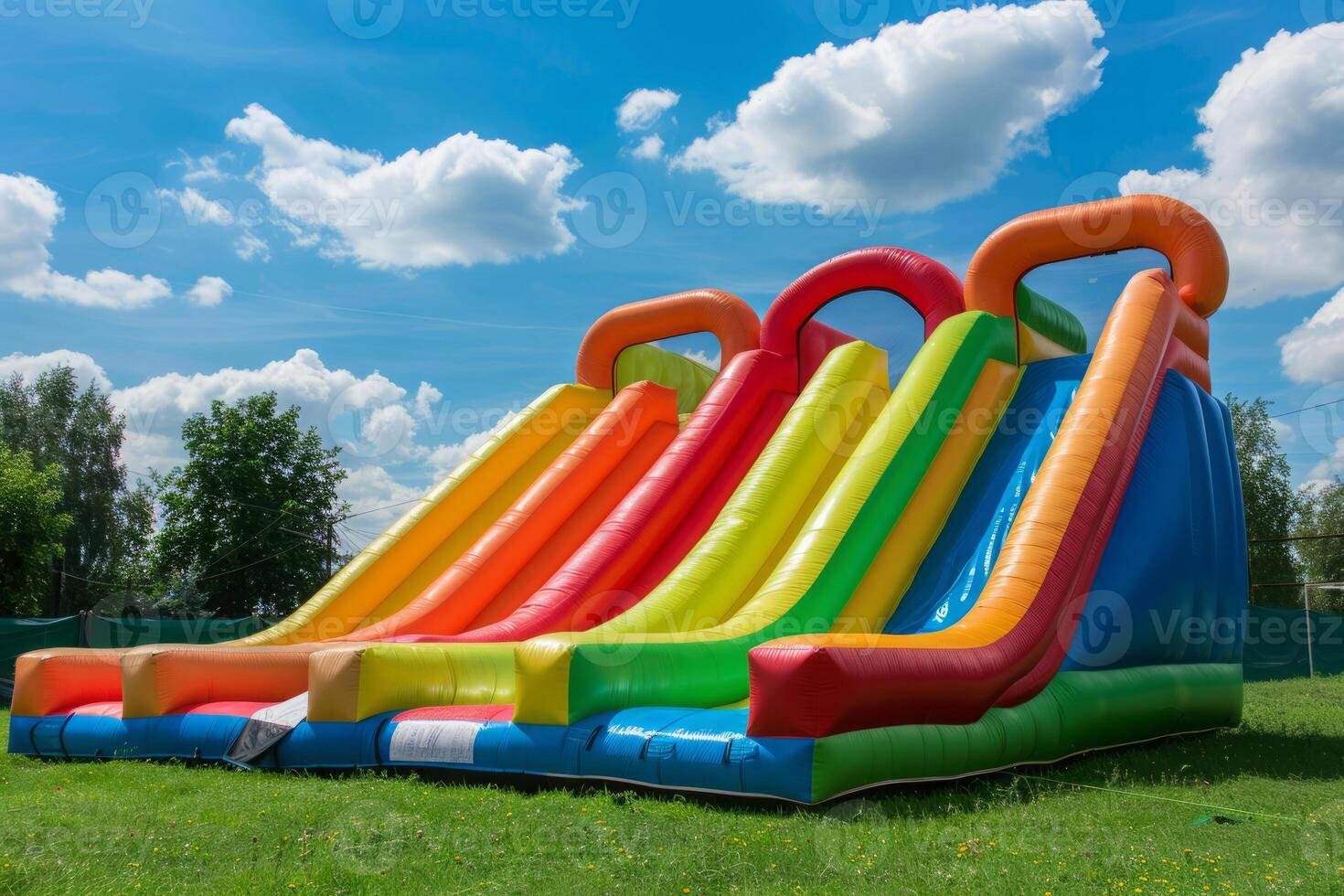 AI generated Colorful bounce slide for children entertainment in backyard photo