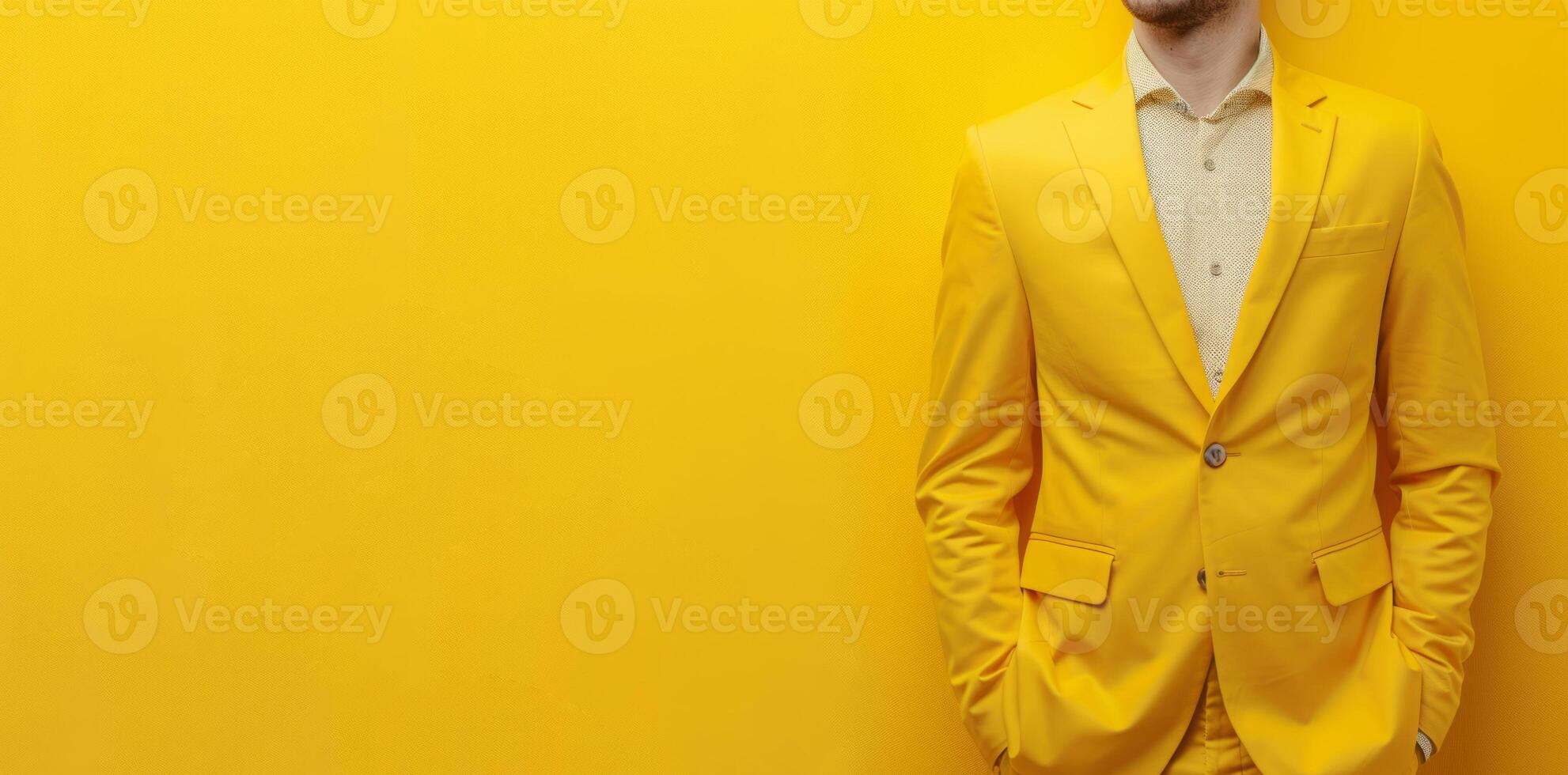 hombre en amarillo negocio traje posando en contra amarillo fondo foto