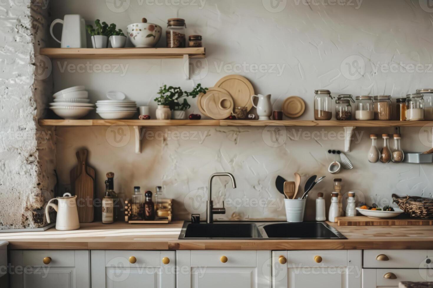 acogedor rústico cocina interior con de madera estantería foto