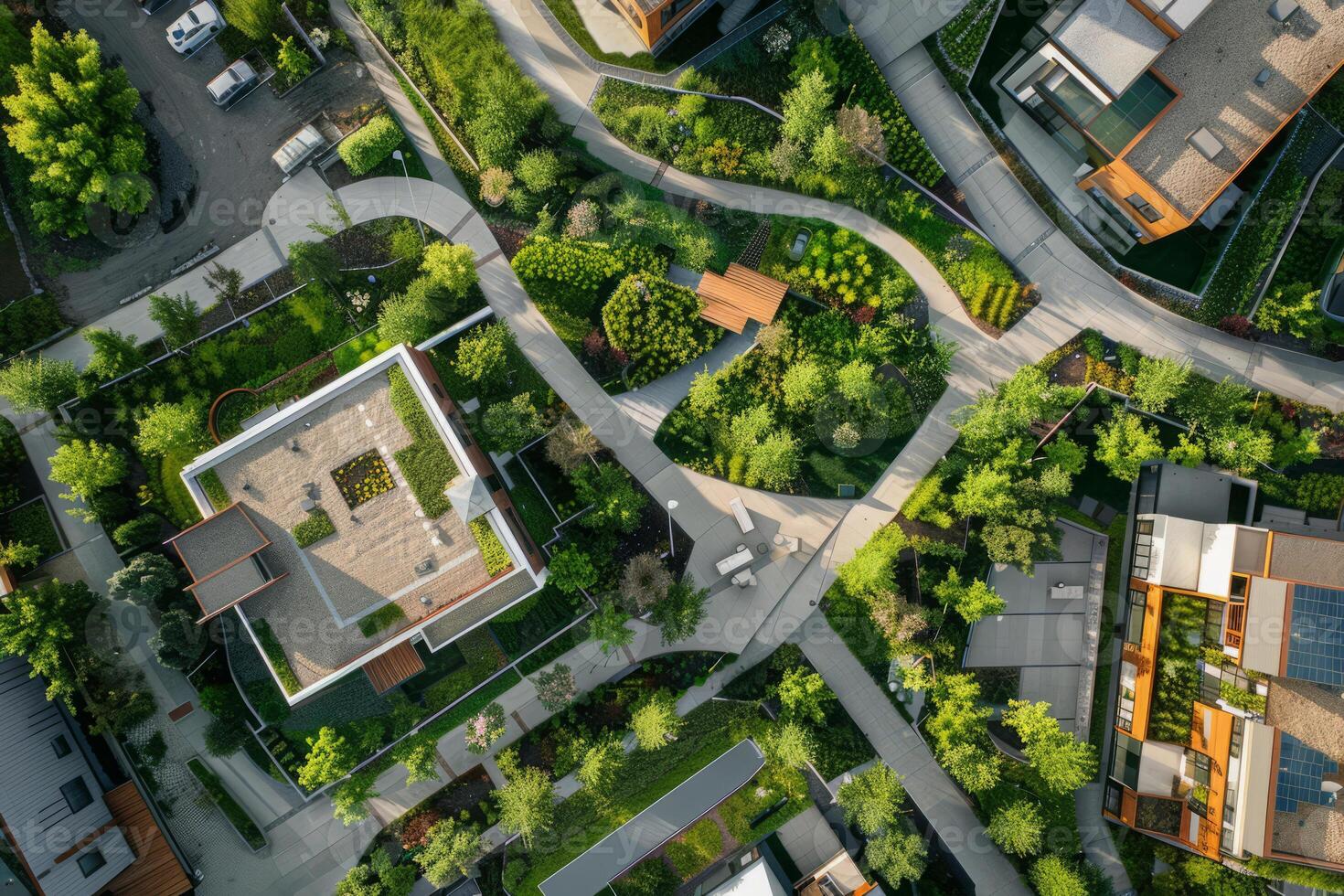 sostenible urbano barrio con Respetuoso del medio ambiente casas y verde paisajismo foto