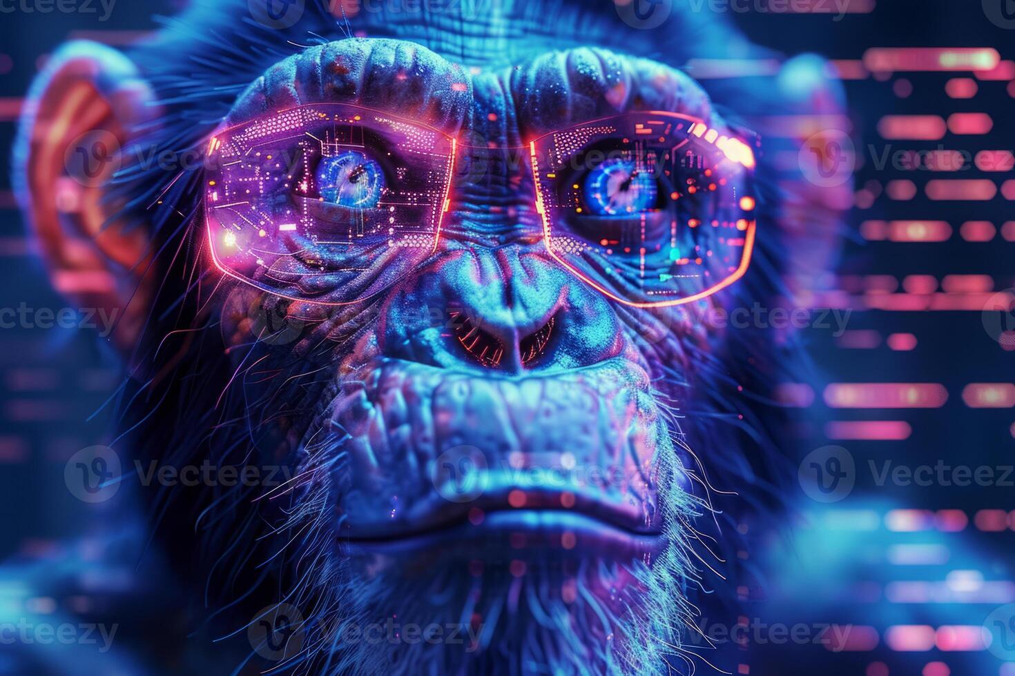 Digitally Enhanced Monkey with Artificial Intelligence in Futuristic Setting photo
