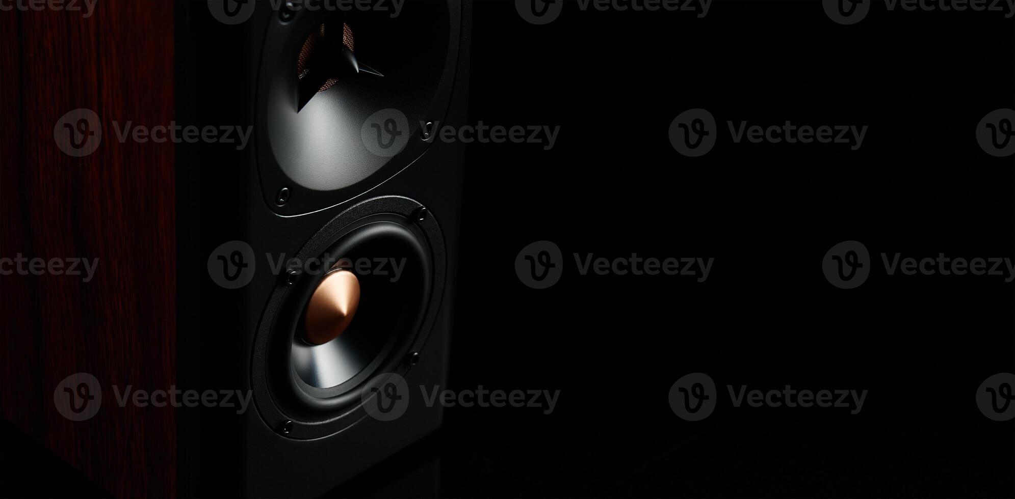 Multimedia acoustic sound speaker on dark background photo