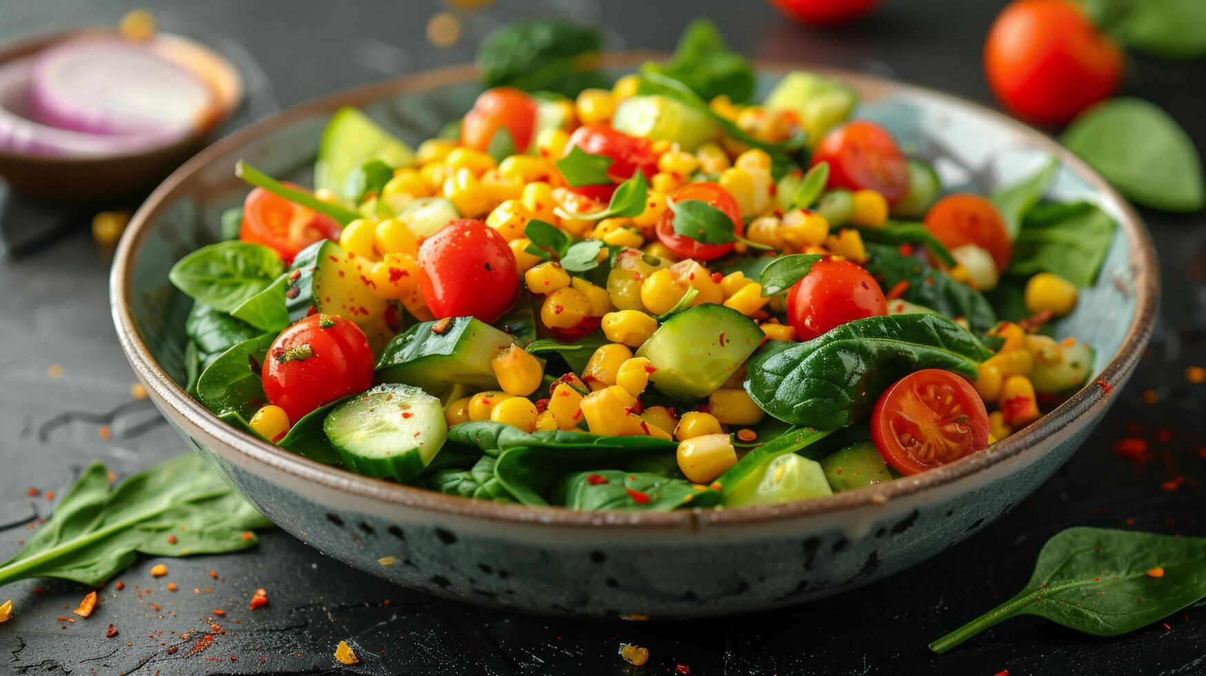 AI generated Fresh Salad With Cucumbers, Tomatoes, Corn, and Lettuce photo