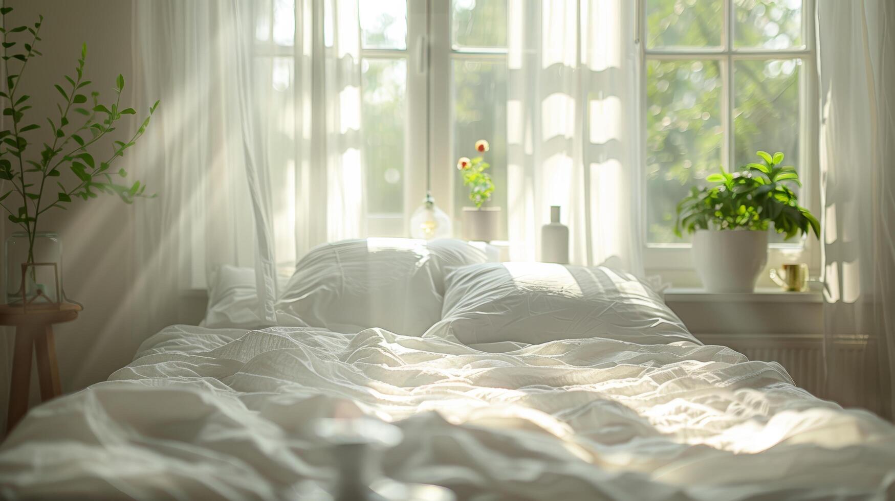 AI generated White Room With Bed and Potted Plants photo