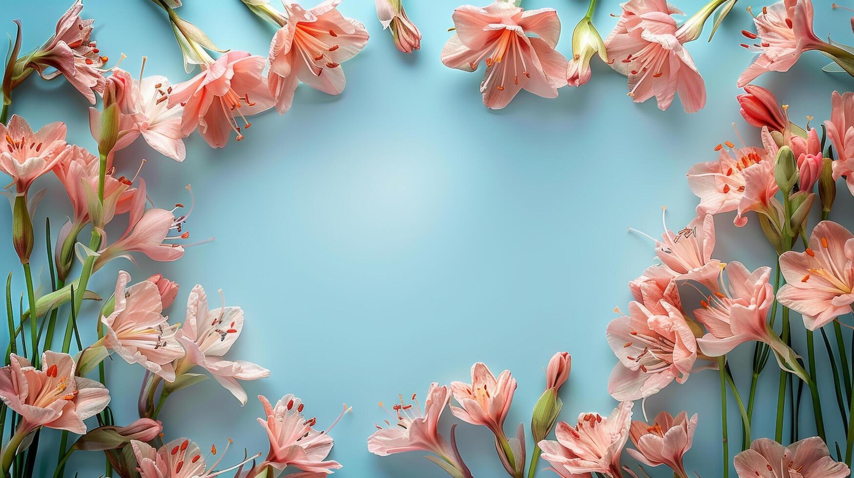 AI generated Group of Pink Flowers on Blue Background photo