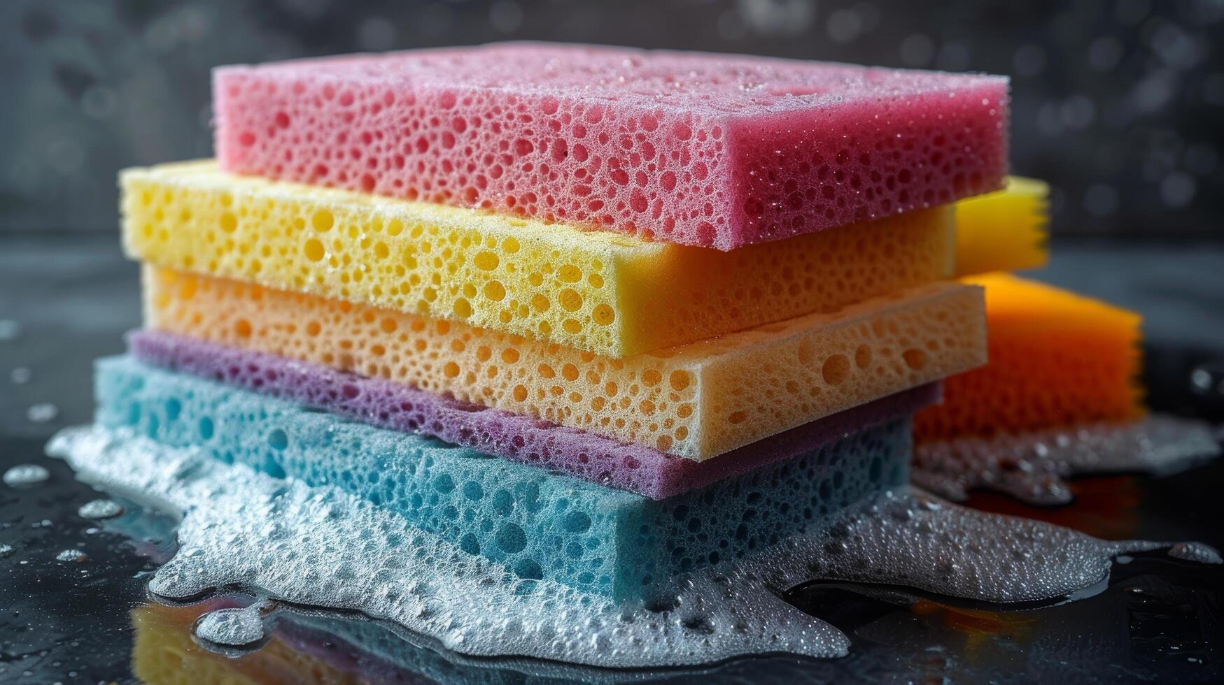 AI generated Colorful Sponges Stack on Table photo