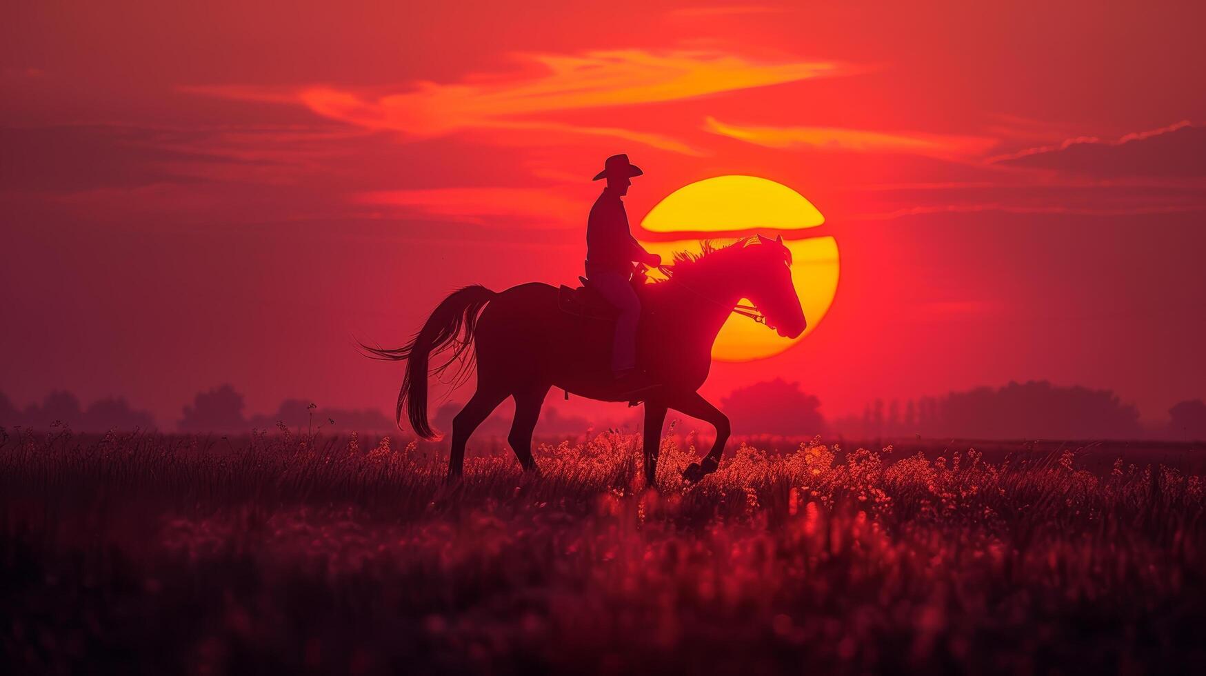 AI generated Man Riding Horse at Sunset photo