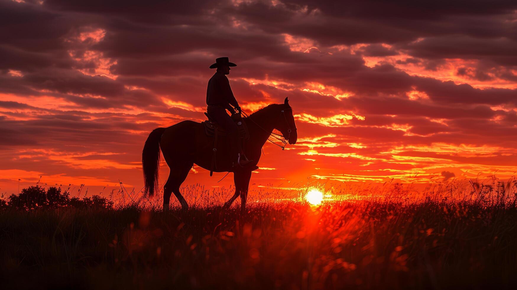 AI generated Man Riding Horse in Field at Sunset photo