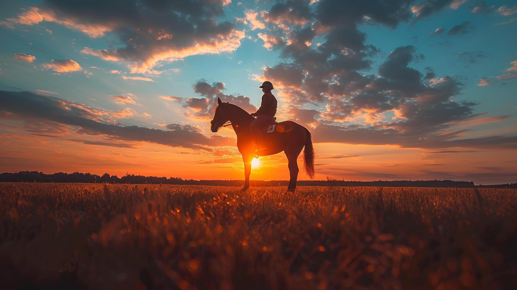 ai generado hombre montando caballo a puesta de sol foto