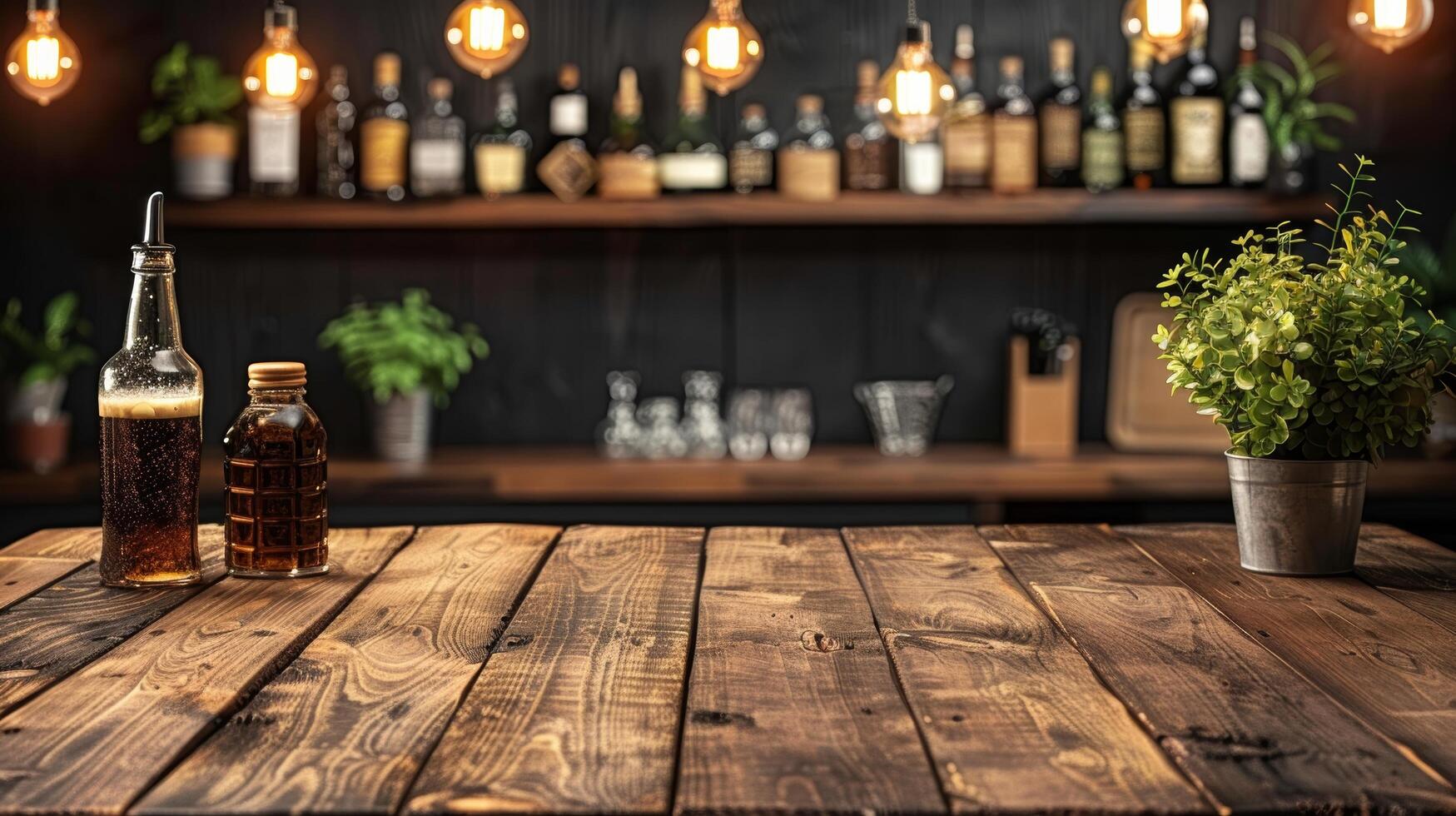 AI generated Wooden Table With Background Lights photo