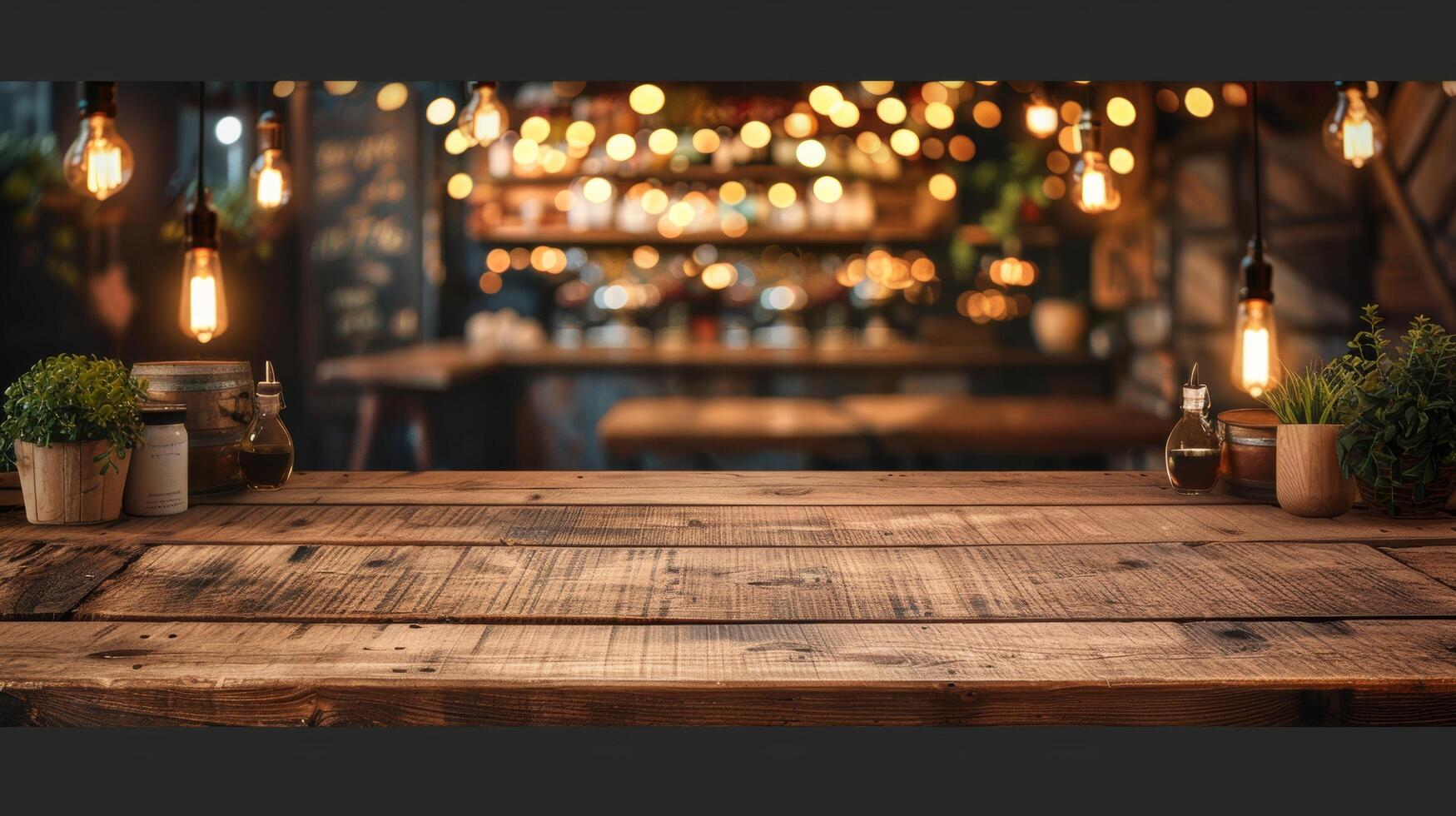 ai generado de madera mesa con en conserva plantas y luces foto