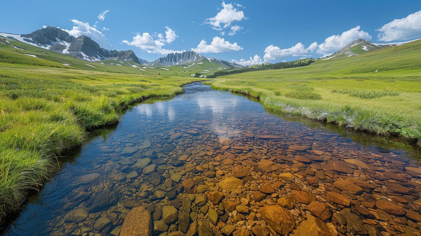 AI generated Stream Flowing Through Lush Green Valley photo