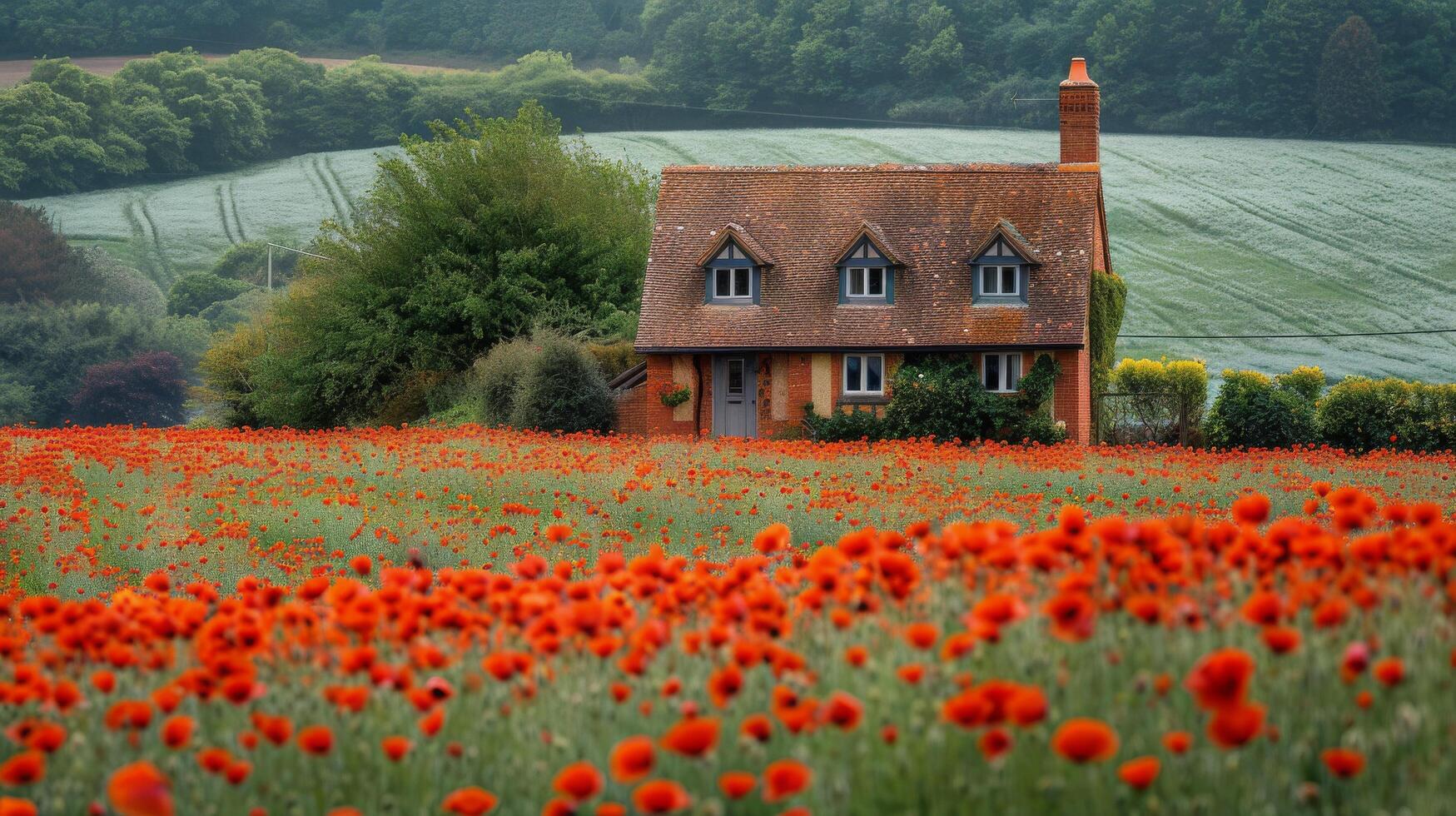 AI generated House in Field of Red Flowers photo