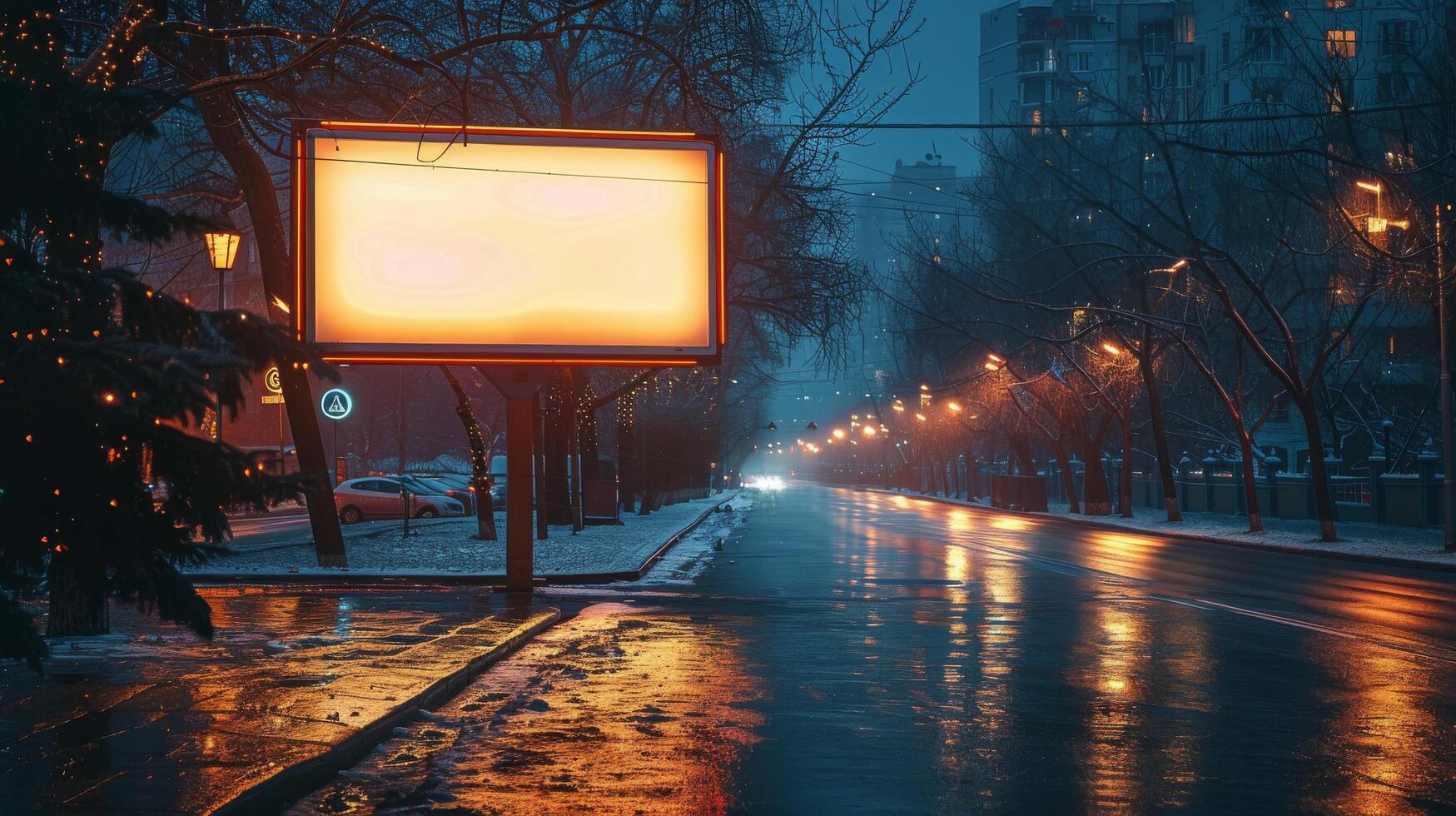 AI generated City Street at Night With Bus Stop photo