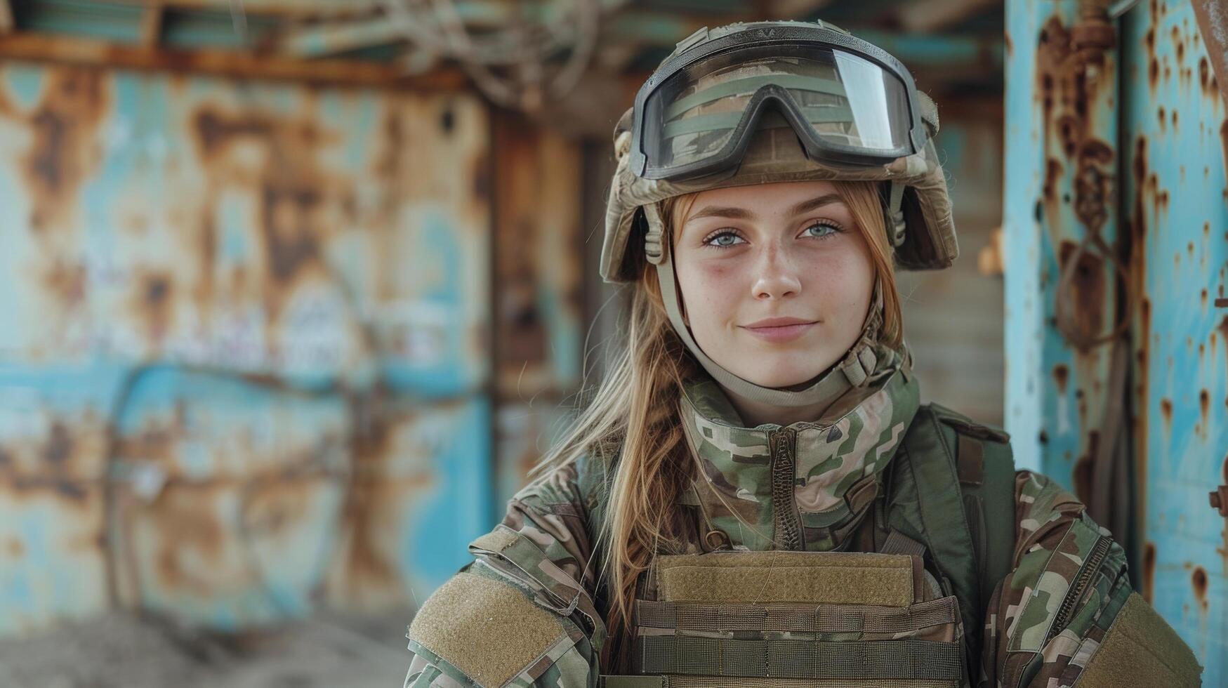 ai generado hembra soldado en militar uniforme mirando a cámara foto