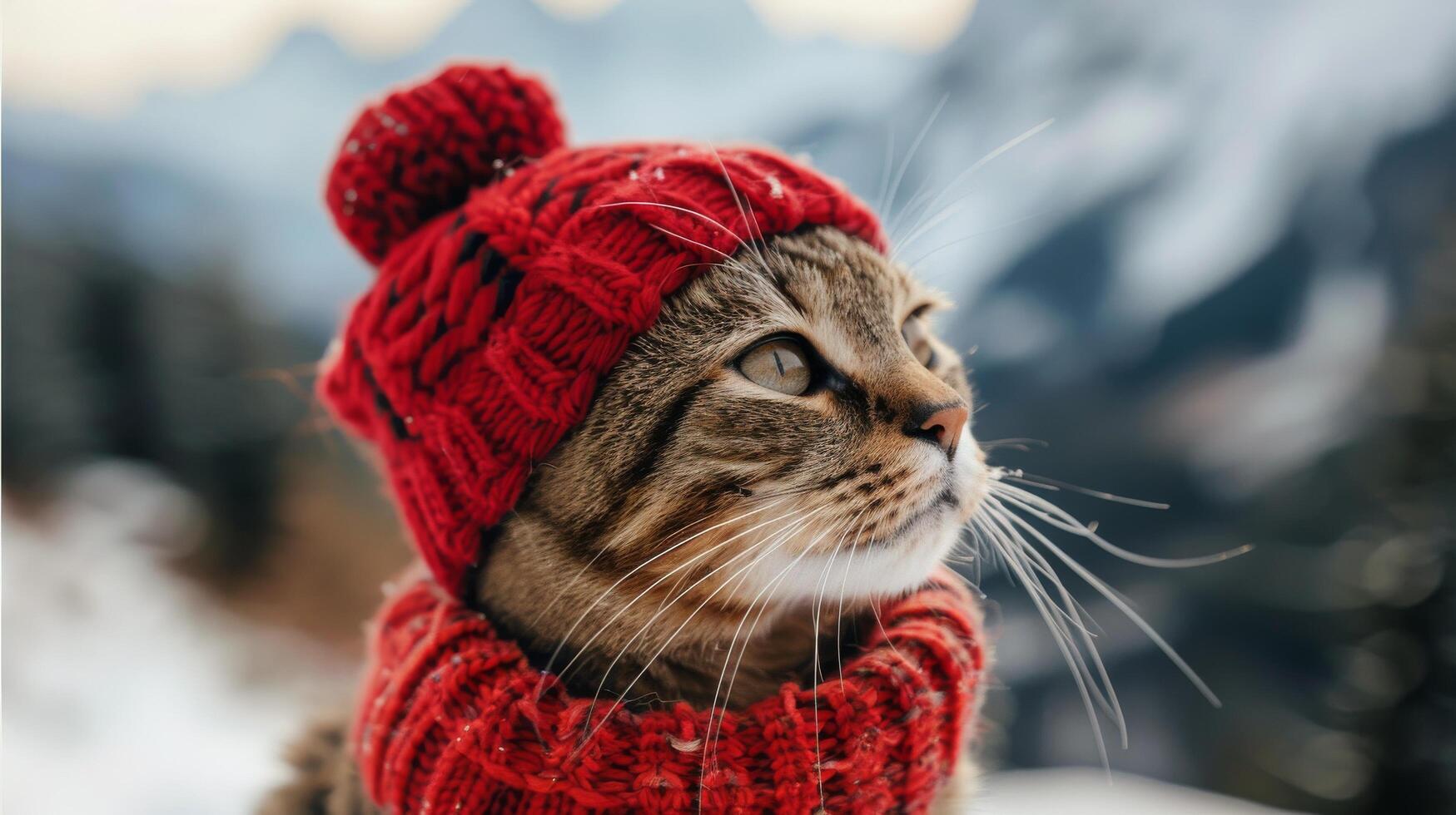 AI generated Cat Wearing Red Knitted Hat Looking Up photo