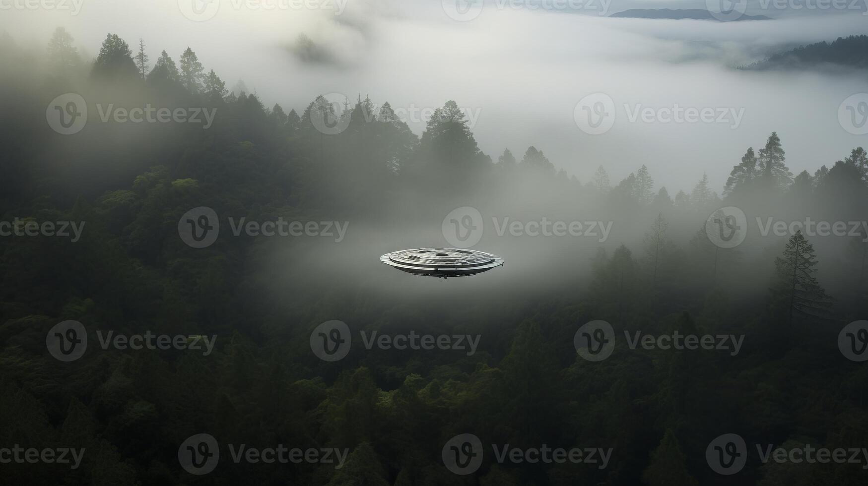 AI generated A uap sighting over a tranquil, fog covered forest. Generative AI photo