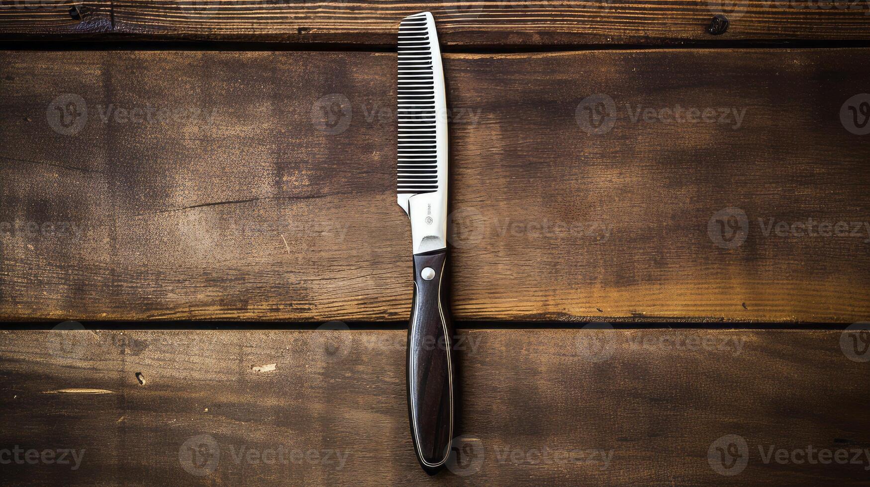 AI generated Barber's scissors and comb on wood surface. Generative AI photo