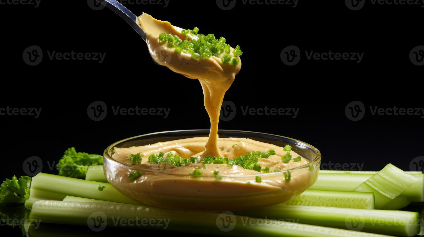 AI generated A celery stick plunging into a pool of hummus. Generative