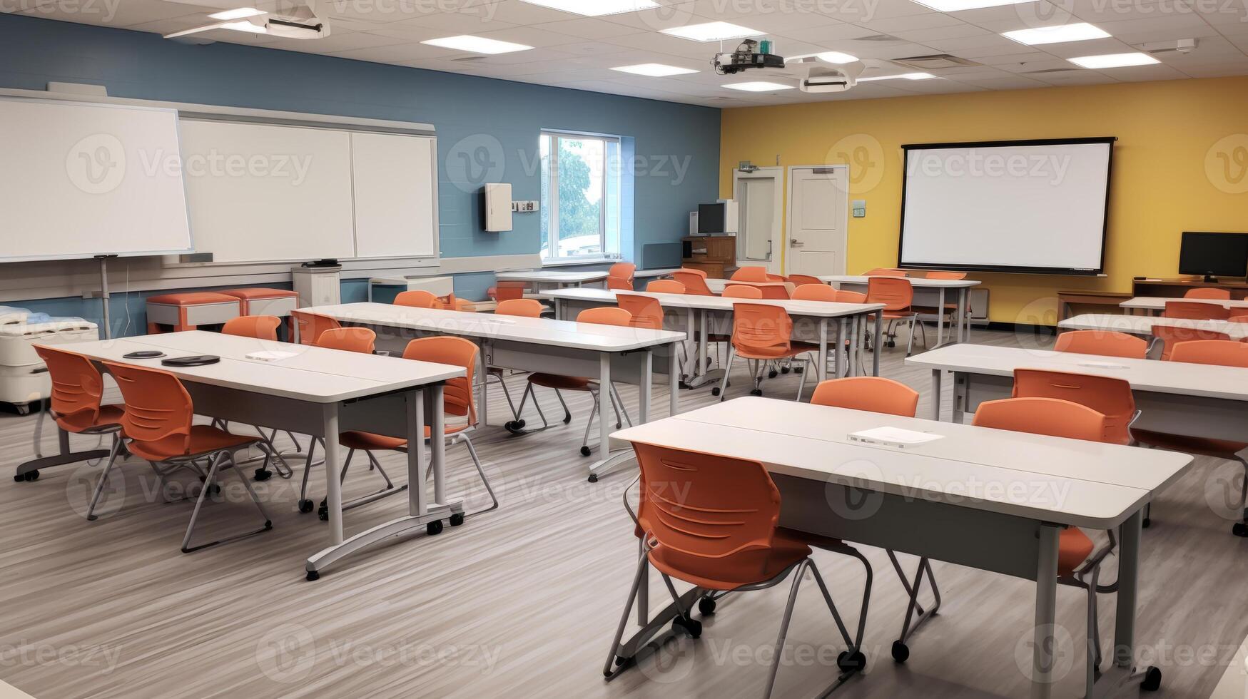 AI generated A classroom with desks arranged in a u-shaped for group activities. Generative AI photo
