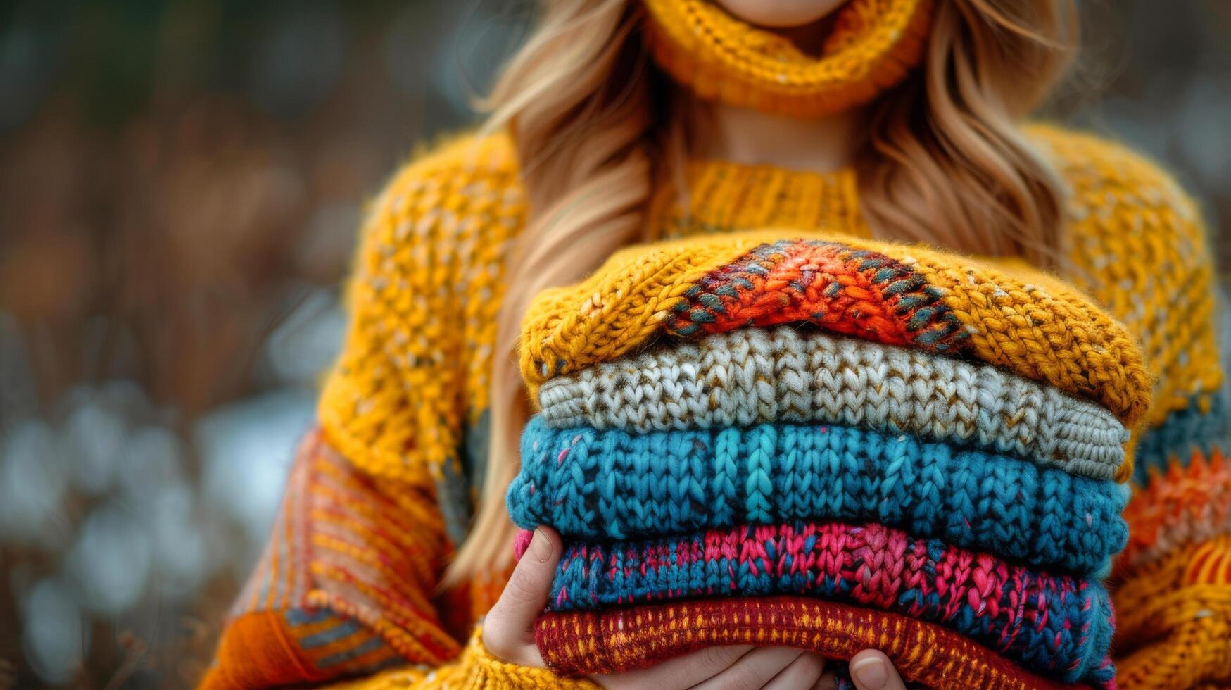 AI generated Woman Holding Stack of Knitted Sweaters photo
