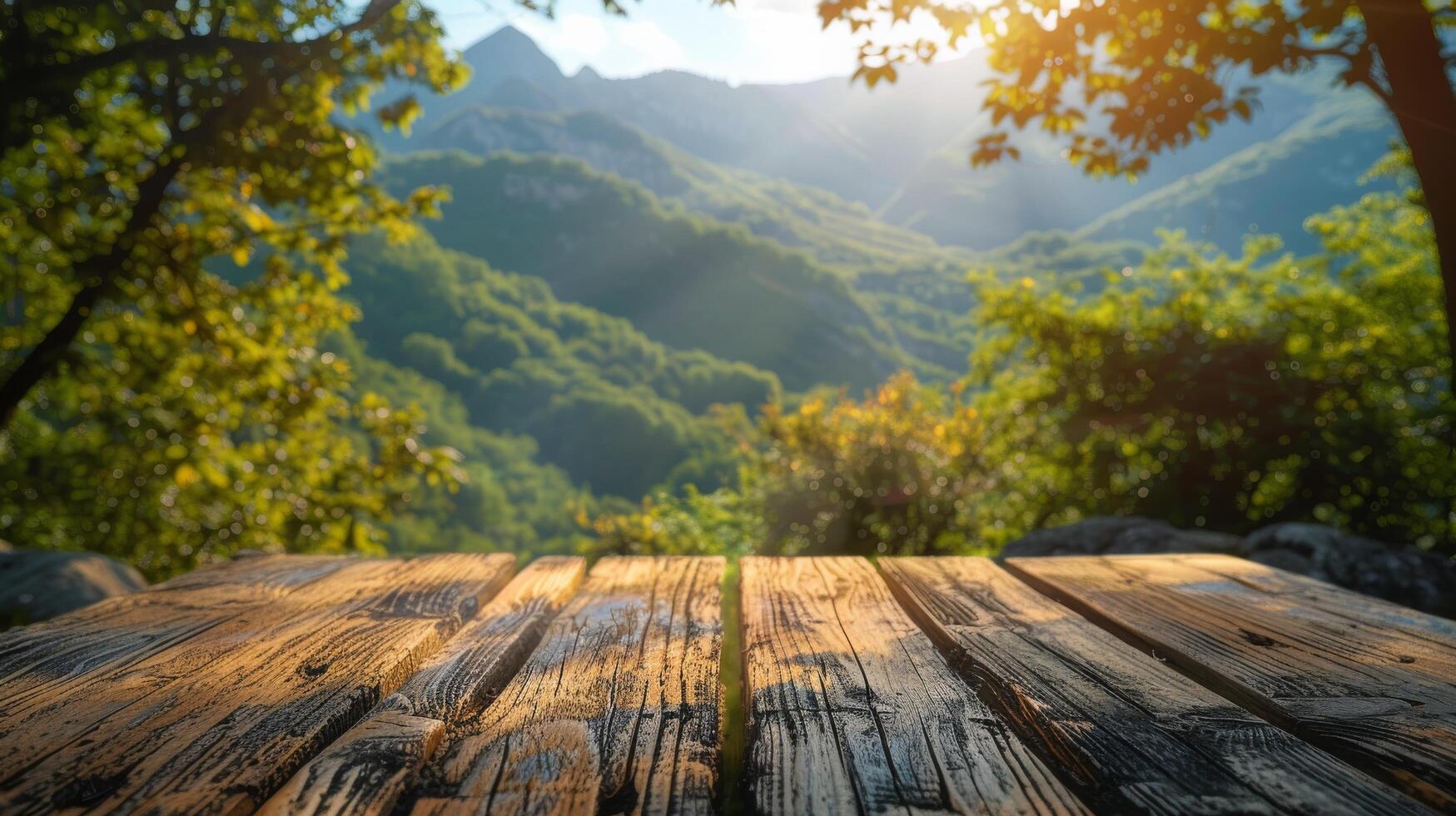 AI generated Wooden Table Overlooking Mountains photo
