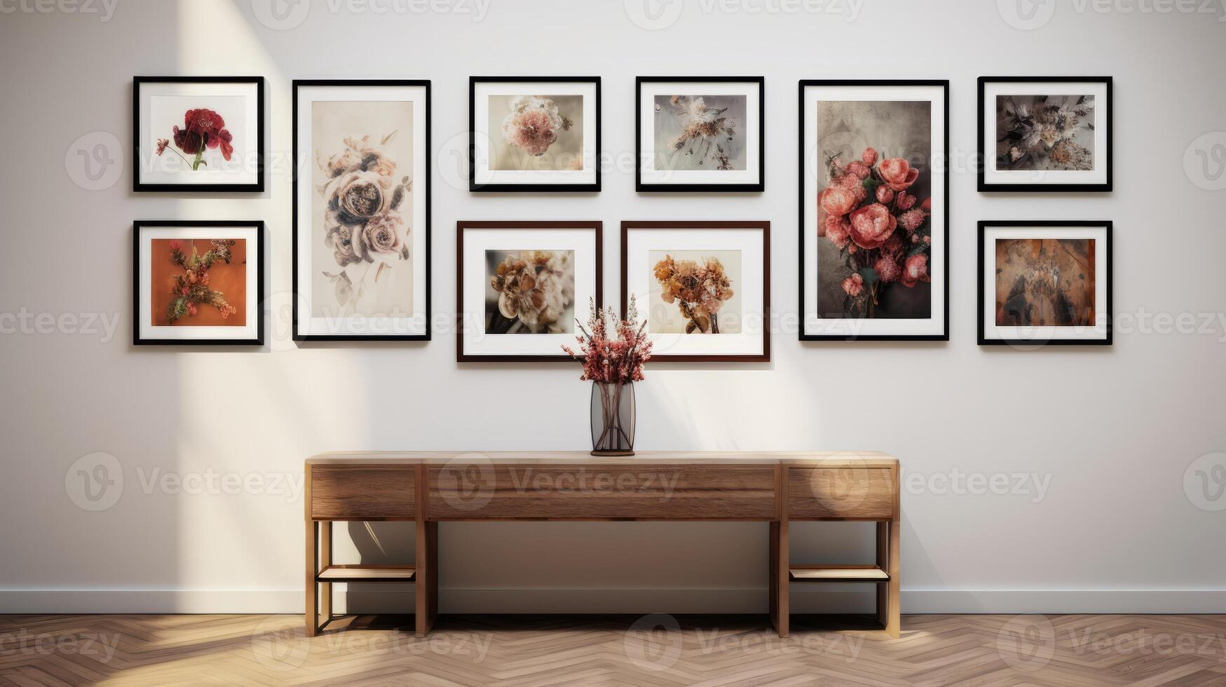 AI generated A gallery wall adorned with a collection of fine art. Generative AI photo