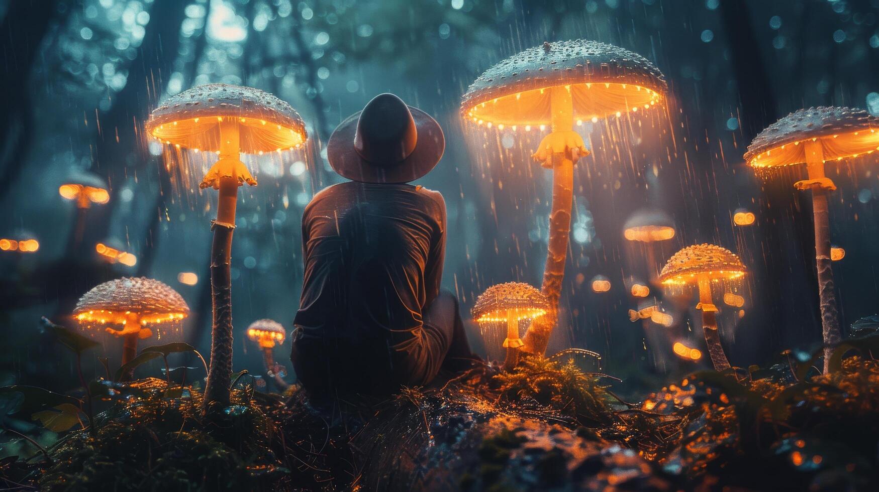 AI generated Person Sitting Amidst Mushroom-Filled Forest photo