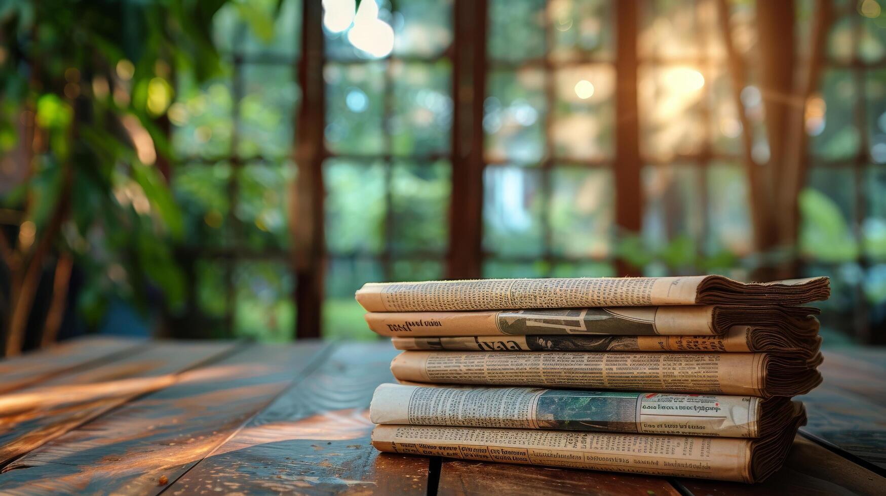 AI generated Stack of Newspapers on Wooden Table photo