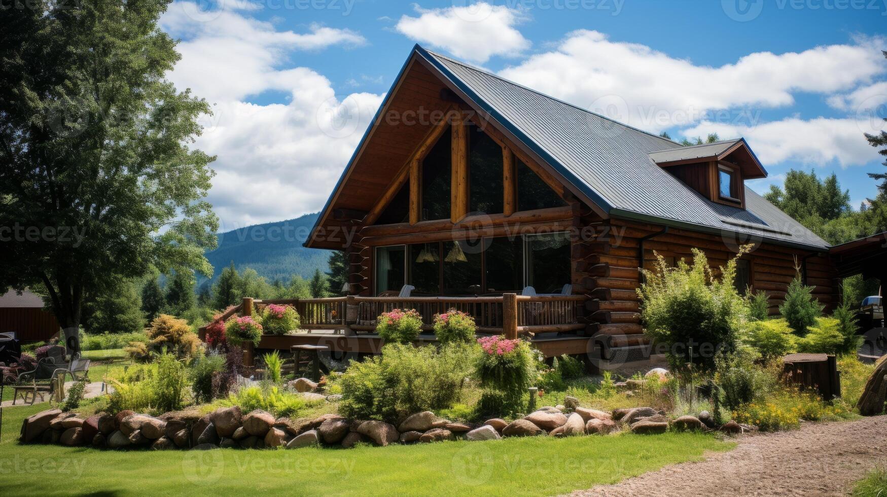 AI generated A mountain retreat pension with cozy log cabins and scenic hikes. Generative AI photo