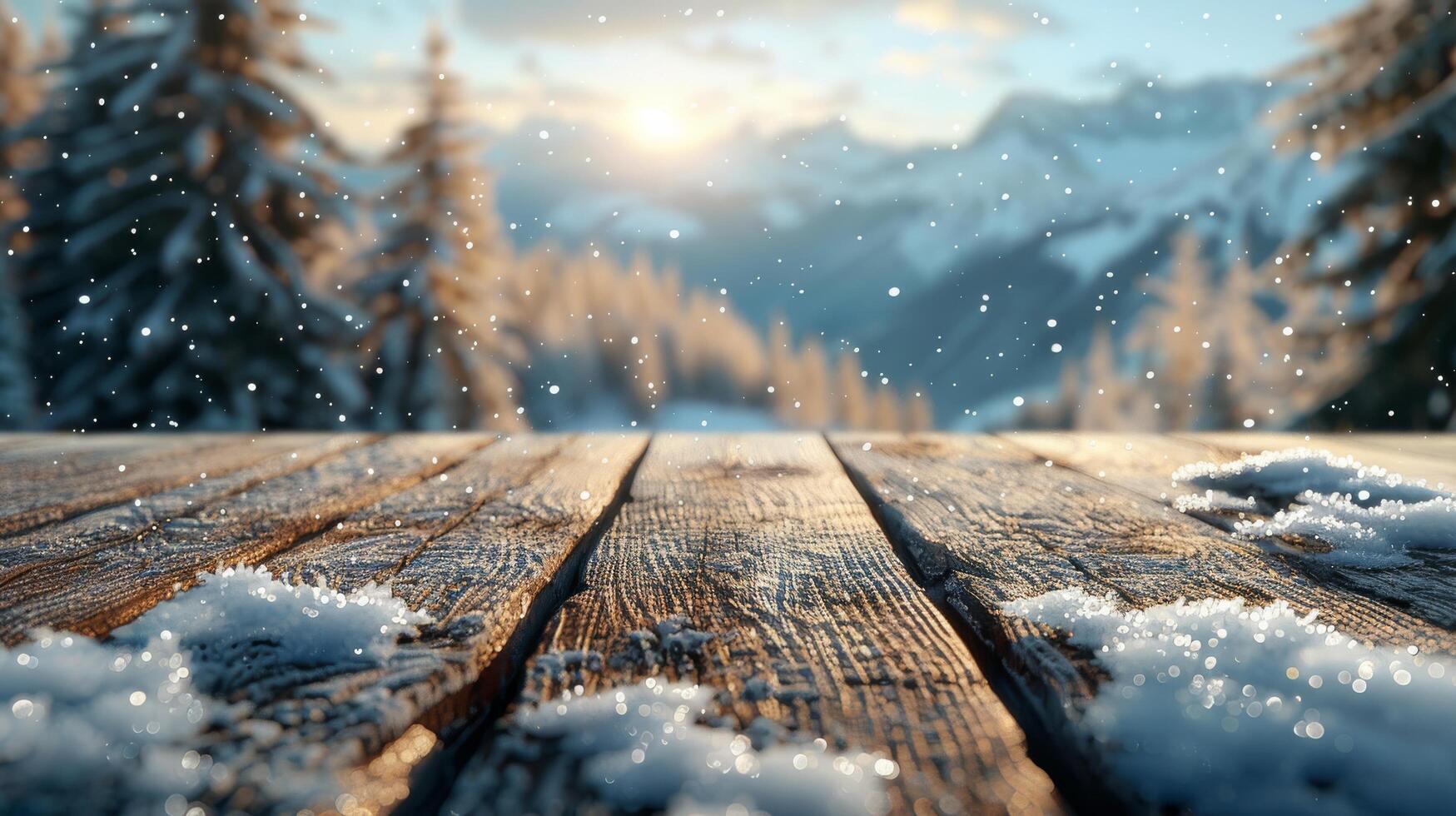 AI generated Snow-covered Wooden Table With Pine Trees photo
