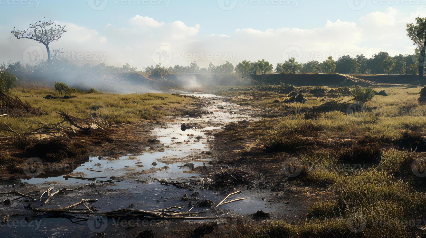AI generated Polluted landscape with damaged vegetation. Generative AI photo